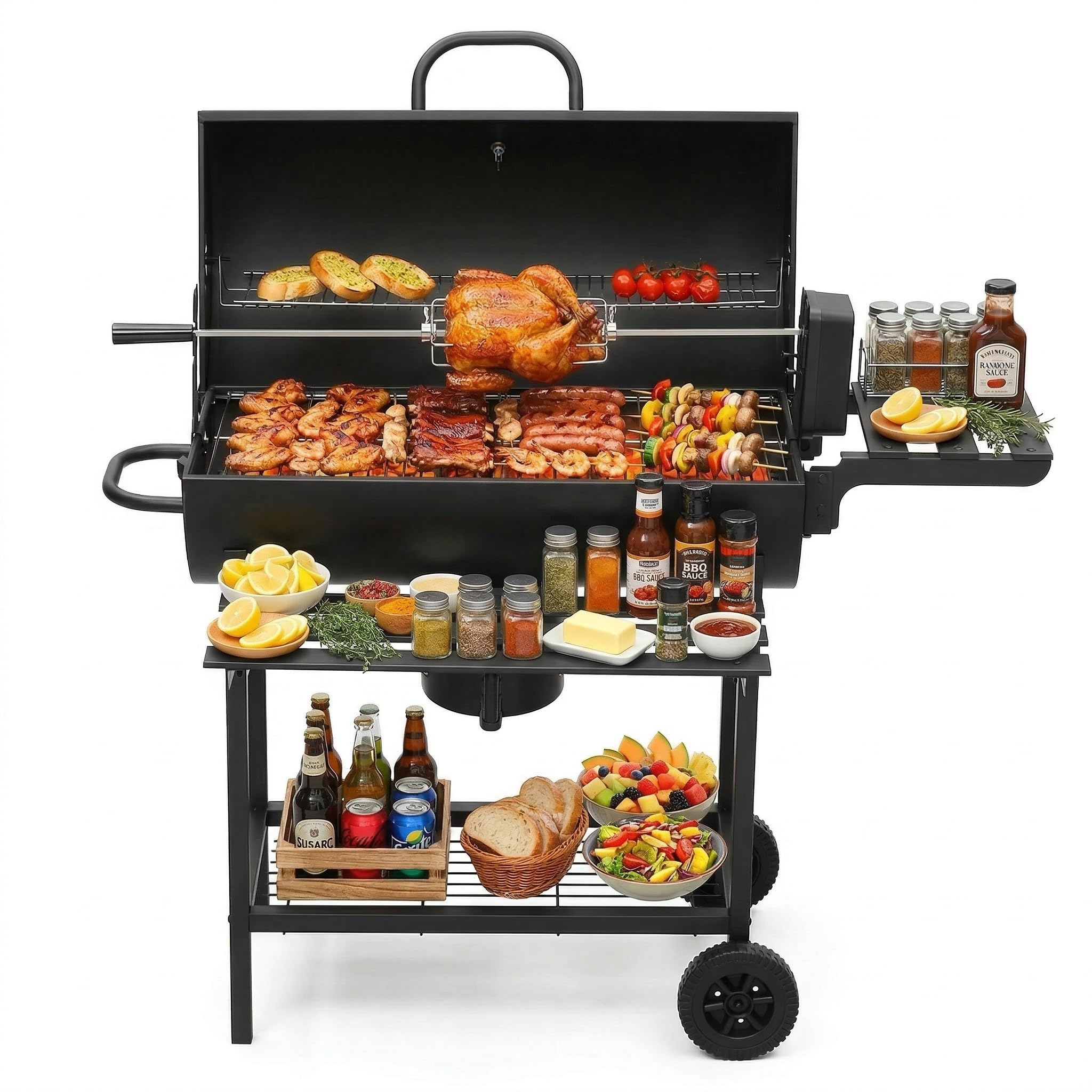 DEWINNER Barbacoa de Carbón,con tapa y termómetro,espiedo para pollo extraíble,guantes ignífugos y pinzas incluidos,ideal para jardín, terraza o camping (Modelo con rejilla para asar pollo)