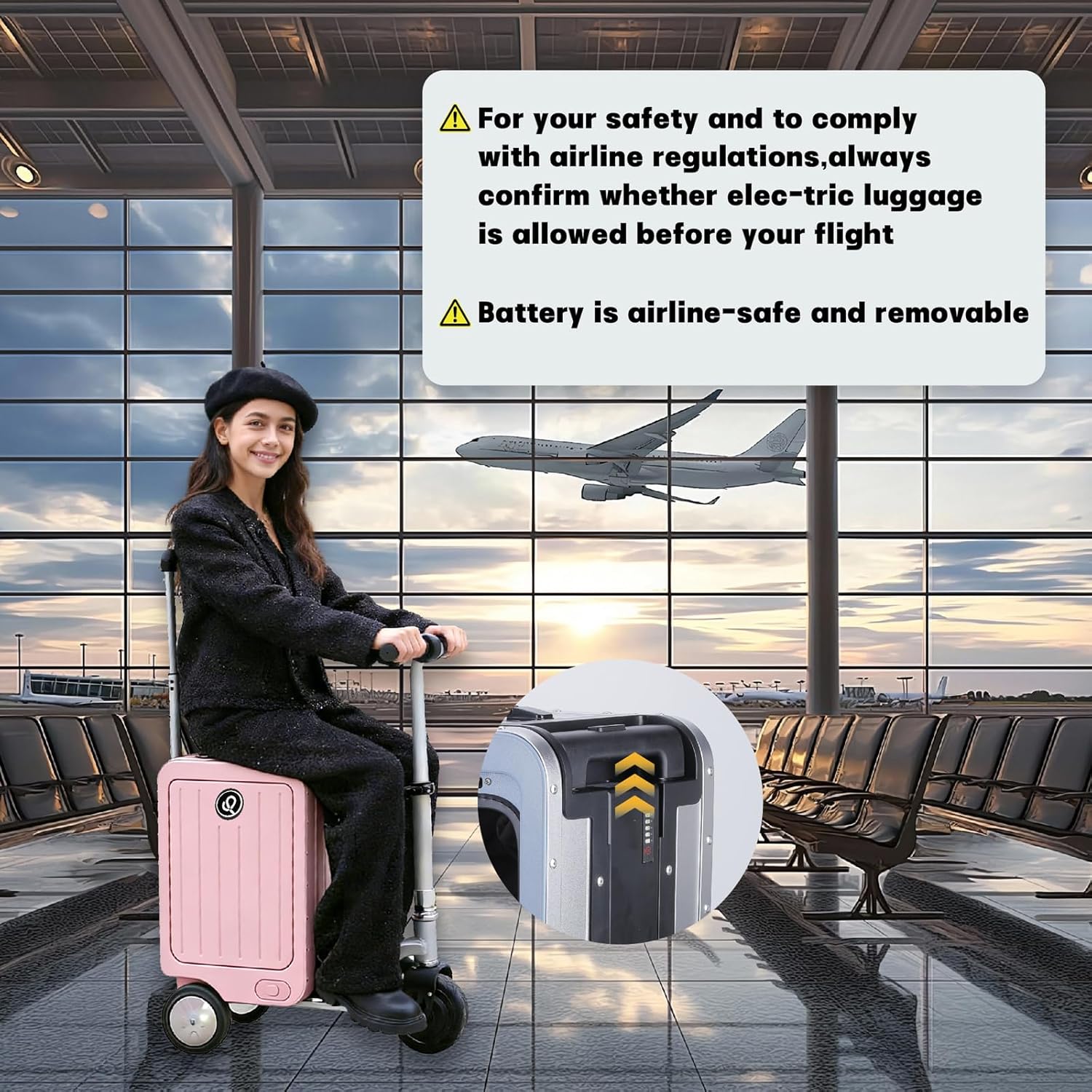Electric Scooter Suitcase Smart Rideable Luggage 20" Motorized Suitcase Zipperless Carry-On Luggage for Travel, USB Port & TSA Lock