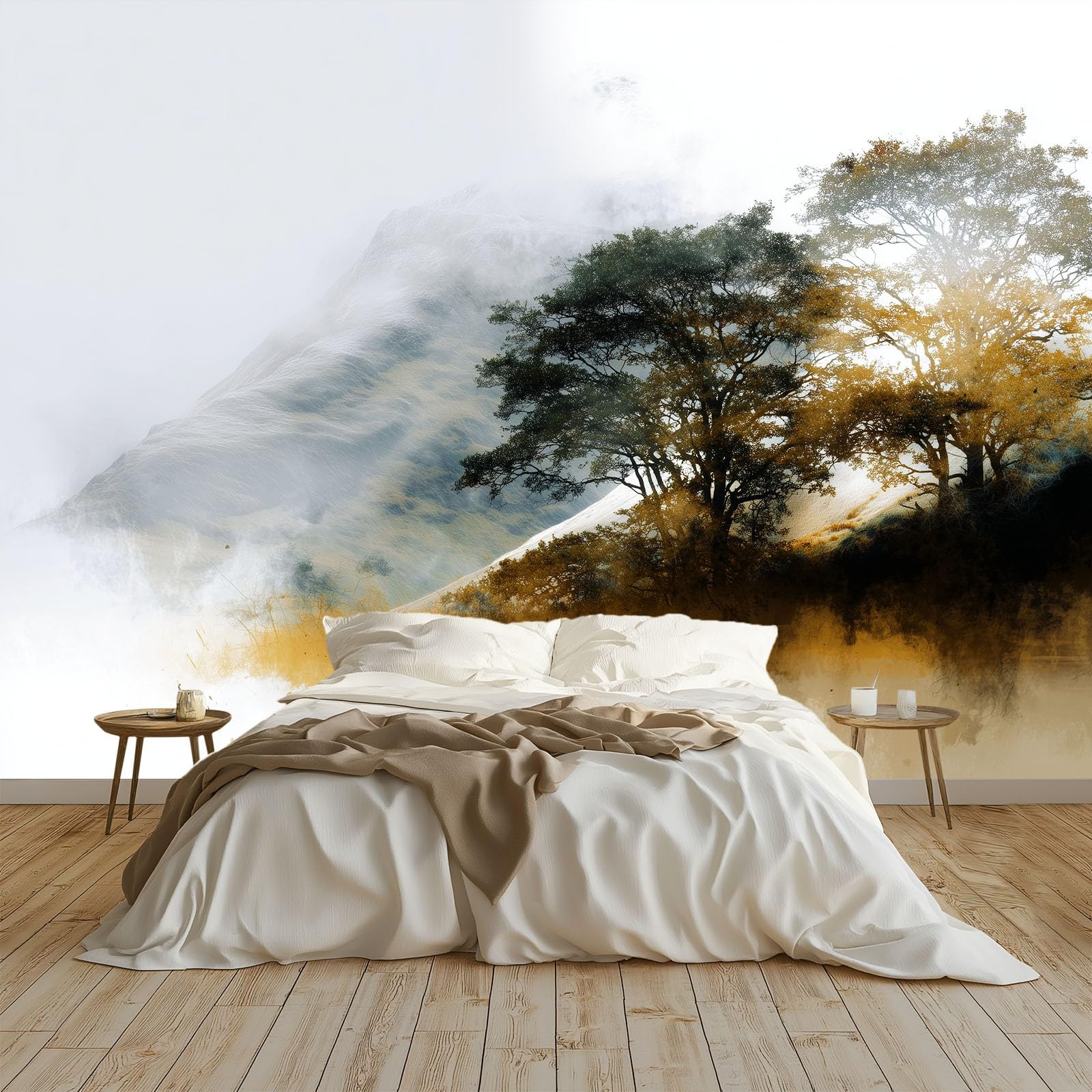 Generisch Tapeta panoramiczna, plakat 350 x 256 cm (szer. x wys.), tapeta na flizelinie, dekoracja ścienna, minimalizm, ręcznie malowane liście, dla dziewcząt, chłopców, do sypialni i salonu (khaki)