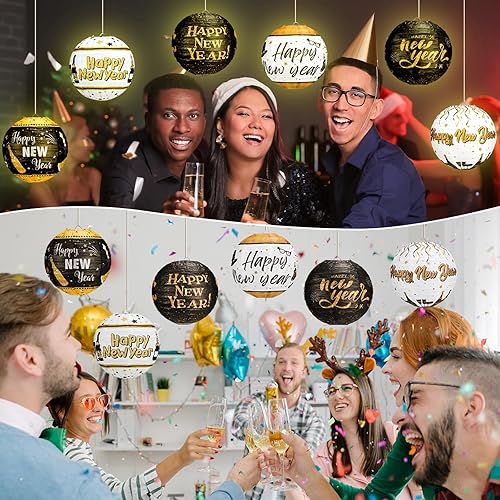 Miniatura 5 de Panelee 12 linternas de papel de Año Nuevo 2025 para decoración de fiesta de Año Nuevo, 8 pulgadas, faroles redondos colgantes negros y dorados,