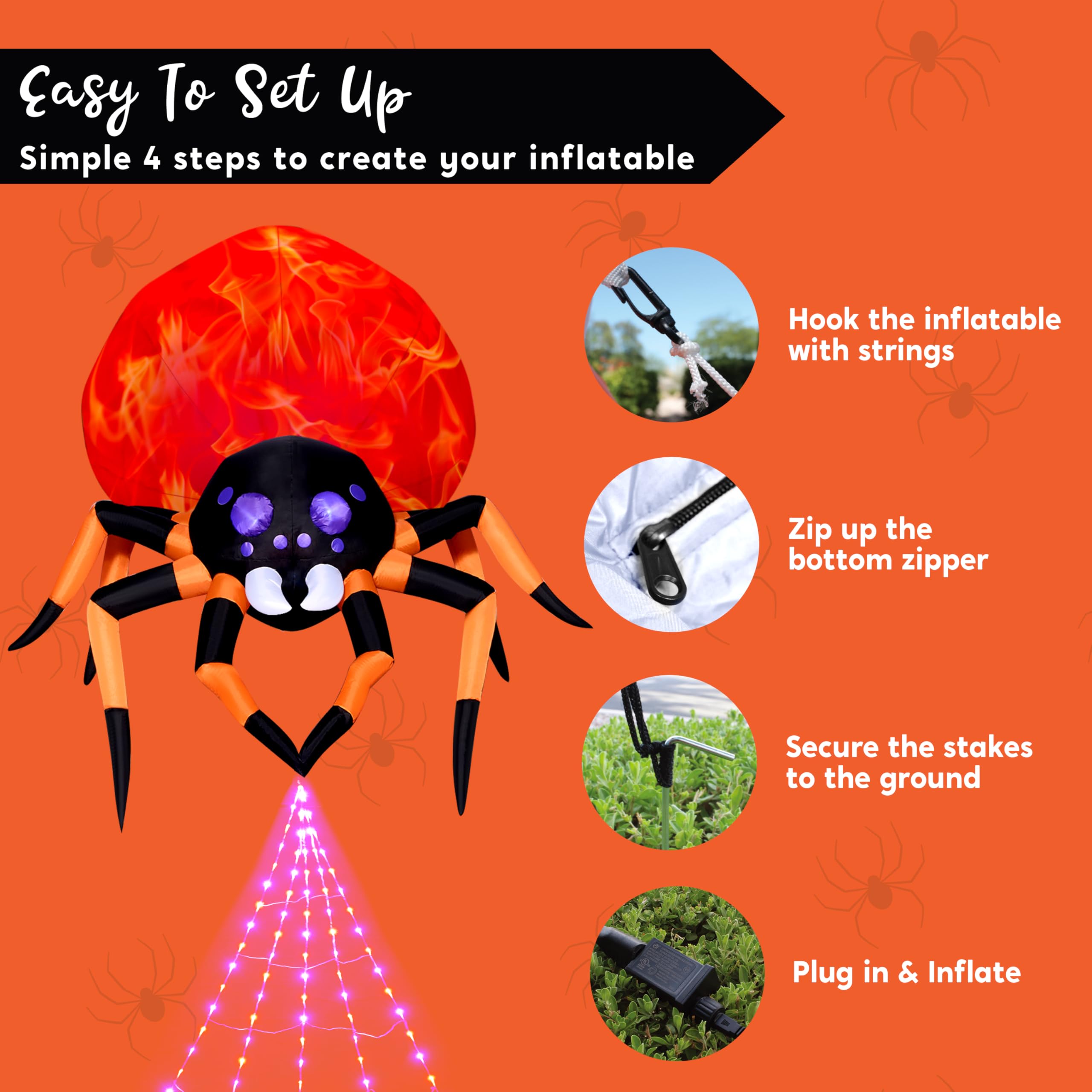 JOIEDOMI 8 Fuß aufblasbare, hängende Halloween-Spinne mit Spinnennetz-Lichtern und eingebauten LEDs. Ideal als Party-Dekoration für Halloween drinnen und draußen im Hof, Garten oder auf dem Rasen.