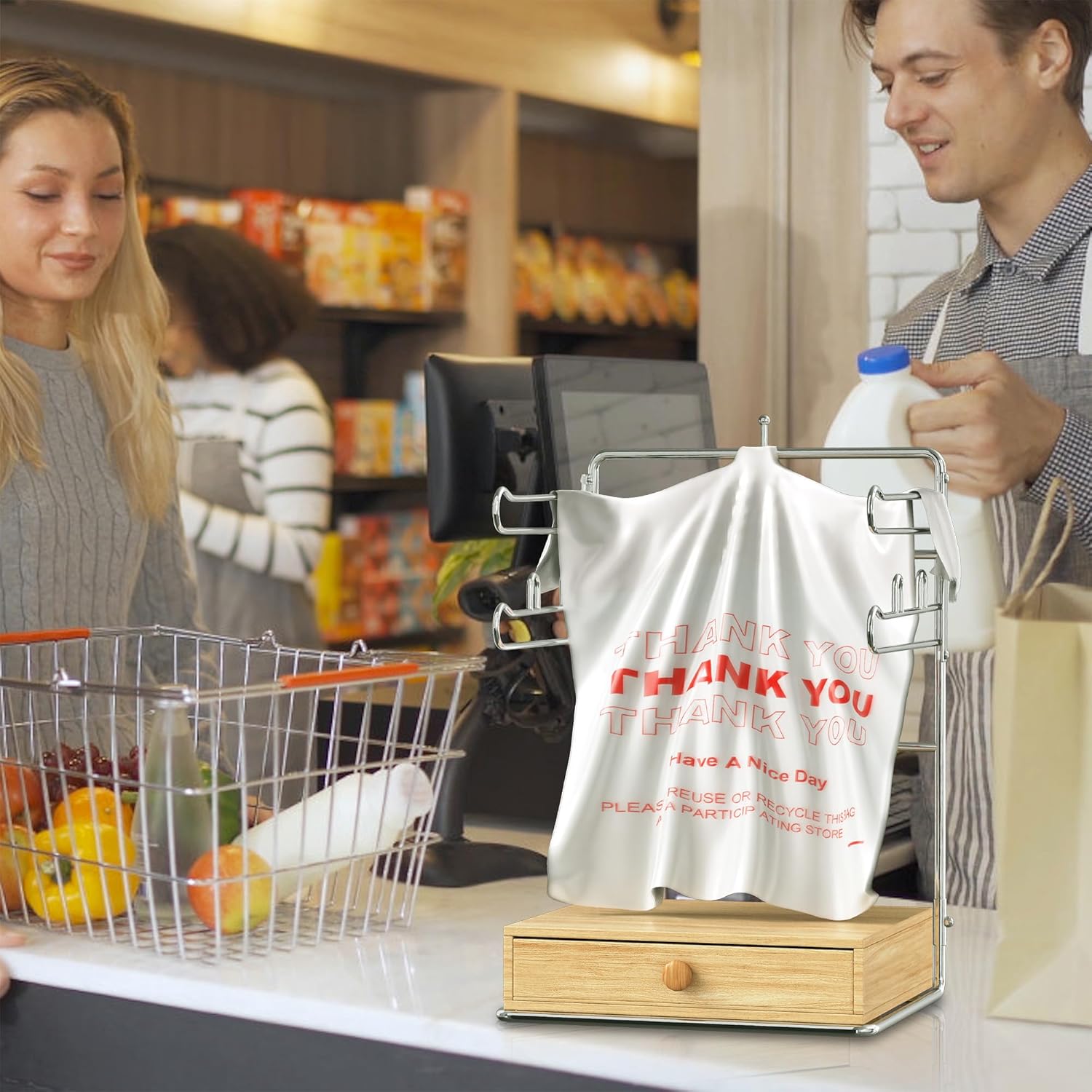 2 Pcs Plastic Grocery Bag Stand, Chrome Plated Metal T-Shirt Bag Holder with Wooden Drawer Base for Convenient Storage, Shopping Bag Organizer Rack for Homes, Retail Stores and Restaurants