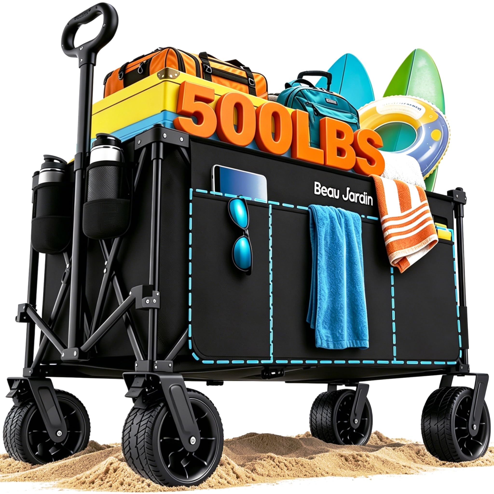 BEAU JARDIN XXL Carro Playa Plegable 300L 200 kg con Freno – Ruedas Grandes 18cm x 10cm, Mango Ajustable – para Jardín, Camping, Mercado y Transporte