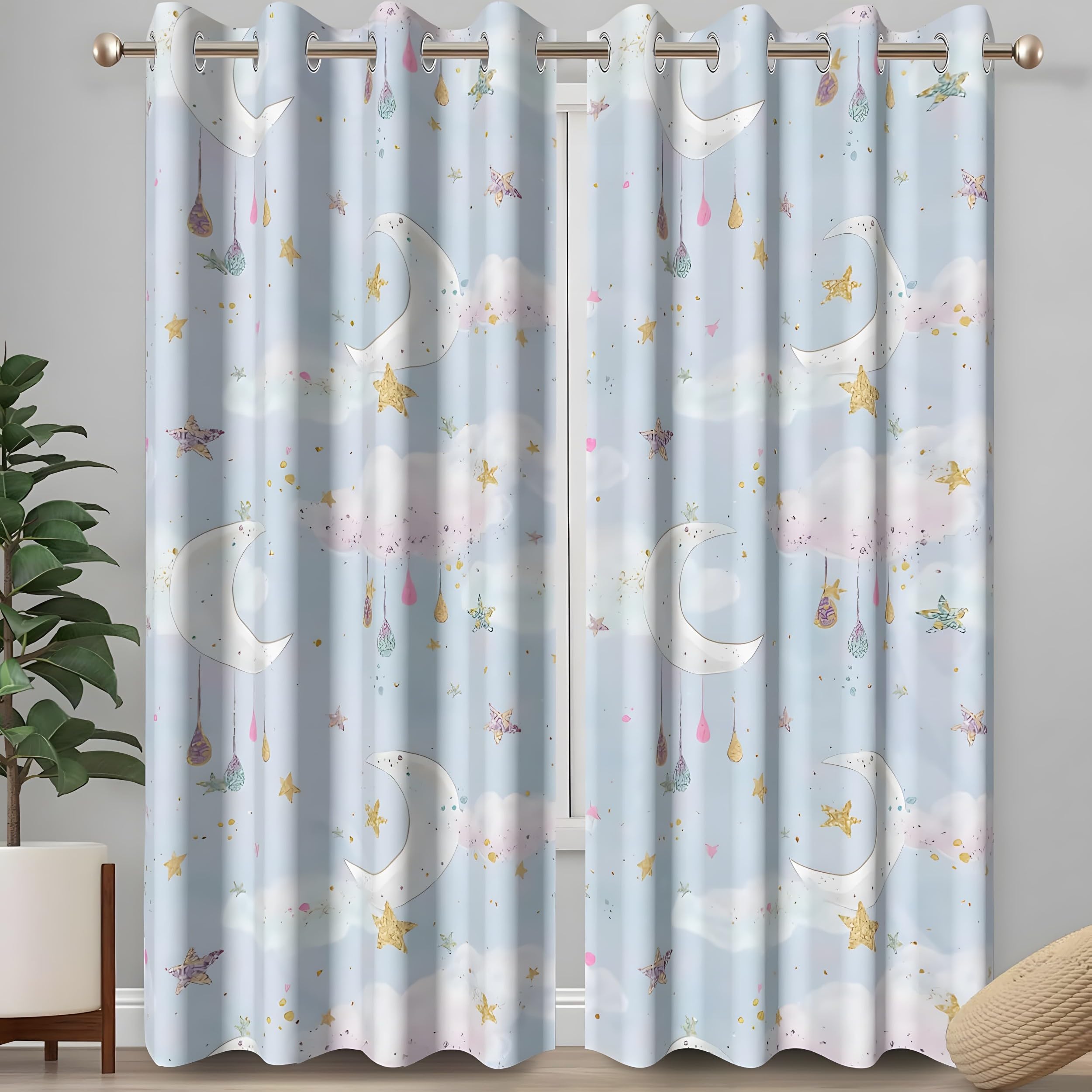 YZQGLHP Light Blue Curtains, W 66" x L 90" (168 x 228 cm), Moon And Stars Blackout and Heat-Insulating Curtains, Curtain 2 Pieces in a Pack, Suitable for Bedrooms and Living Rooms