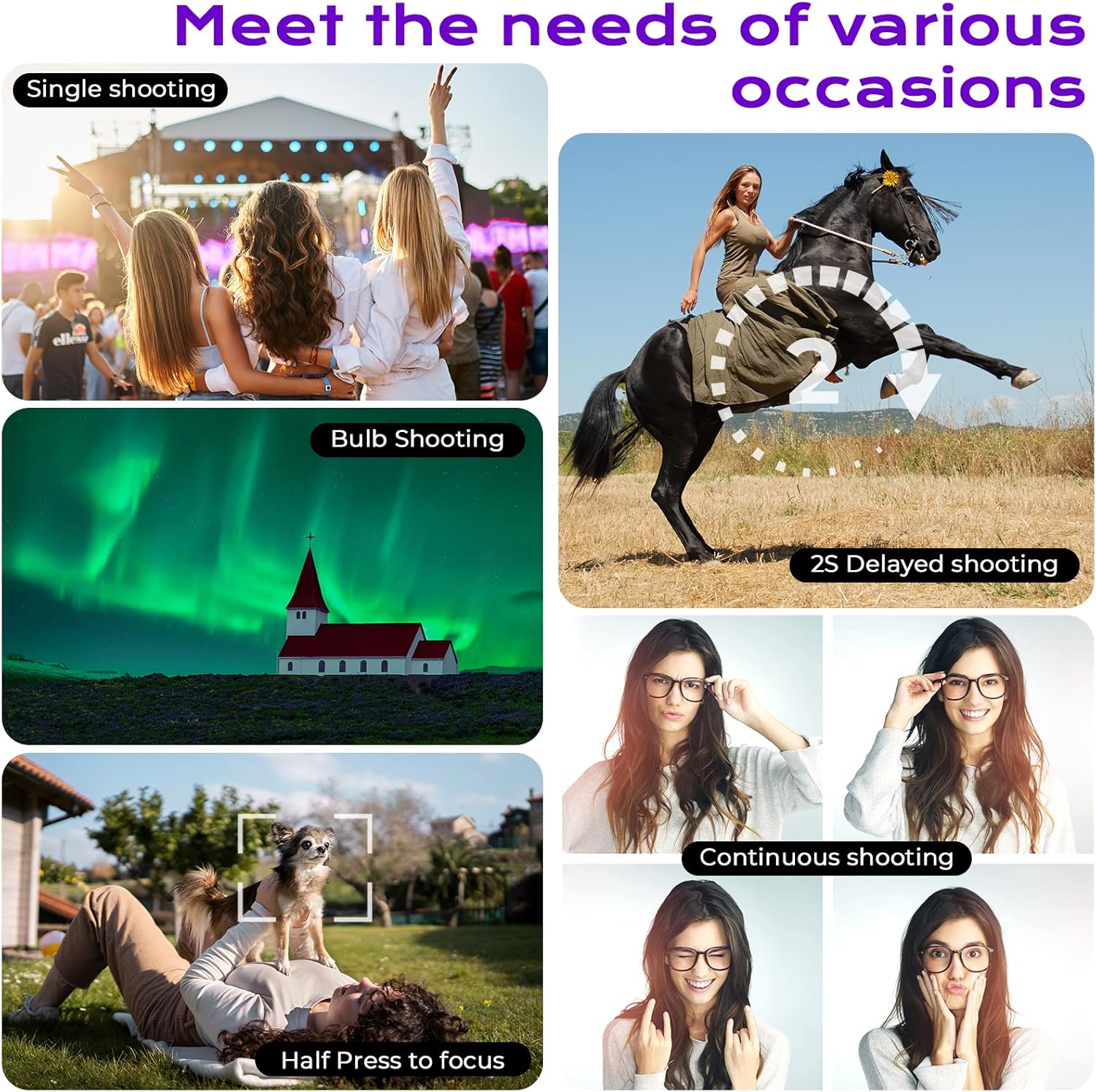 Collage of images demonstrating various shooting scenarios and modes, including single shooting, 2S delayed shooting, bulb shooting, half-press to focus, and continuous shooting.