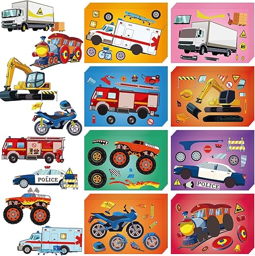 Zonon Kit de 48 hojas para hacer tus propias calcomanías, 8 diseños, calcomanías de transporte de dibujos animados para automóvil, calcomanías para