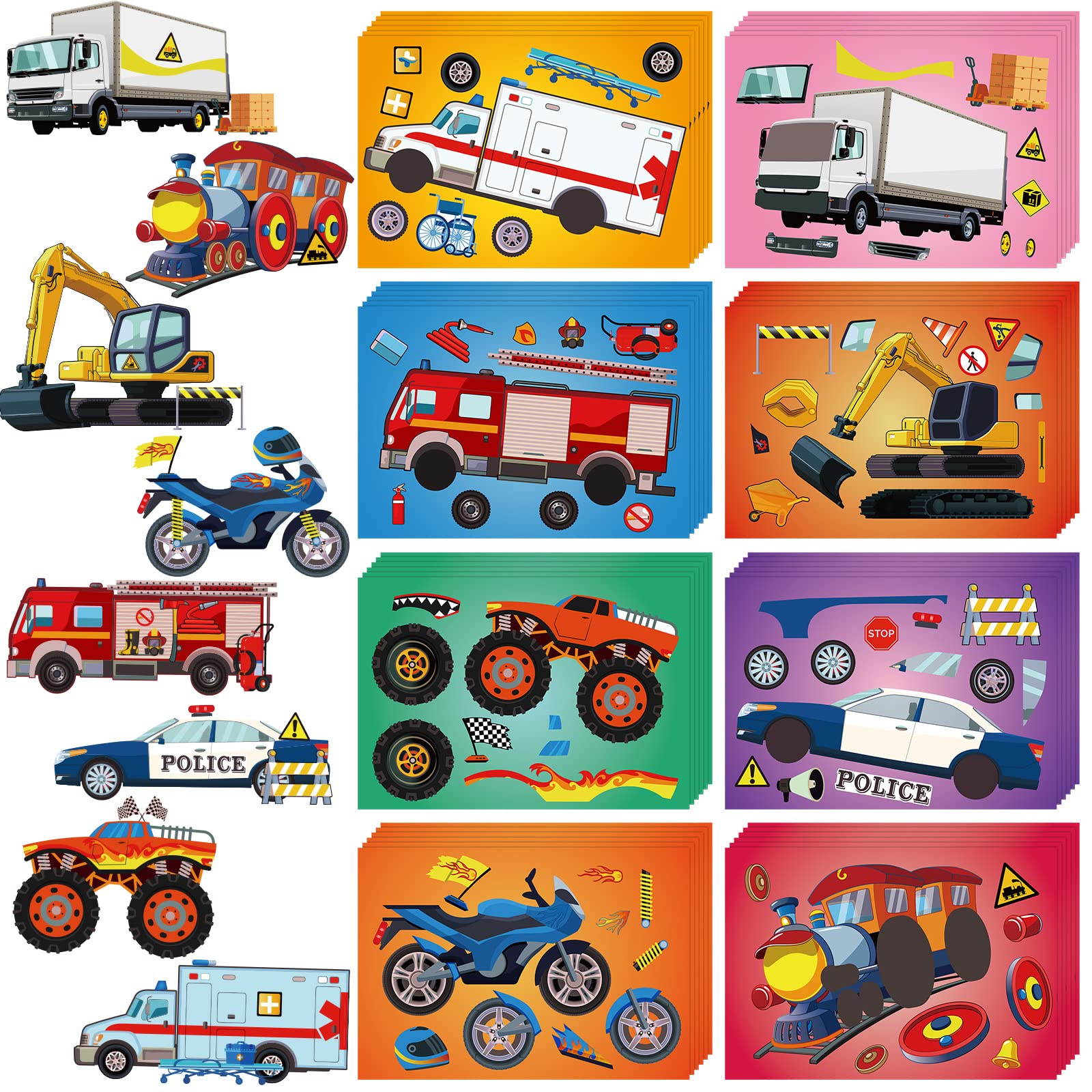 48 Sheets Make Your Own Truck Stickers Kit - 8 Designs Party Favors for Kids, Boys' Kindergarten, Festival Present (Automobile)