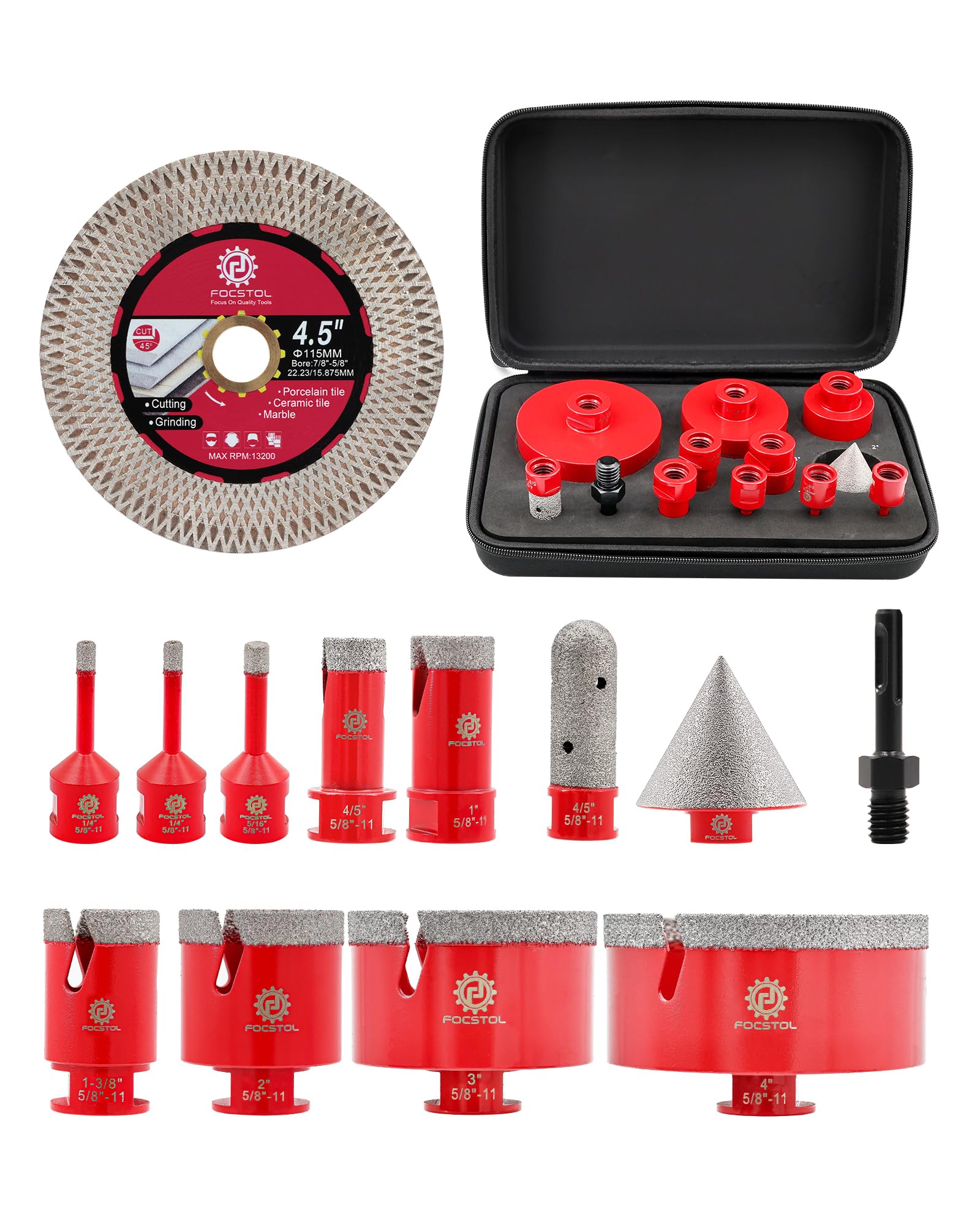 FOCSTOL Diamond Tile Hole Saw Kit 13pcs - (6/6/8/20/25/35/50/75/100mm+20mm Milling Bit+50mm Chamfer Bit+SDS+115mm Saw Blade) Diamond Core Drill Bit