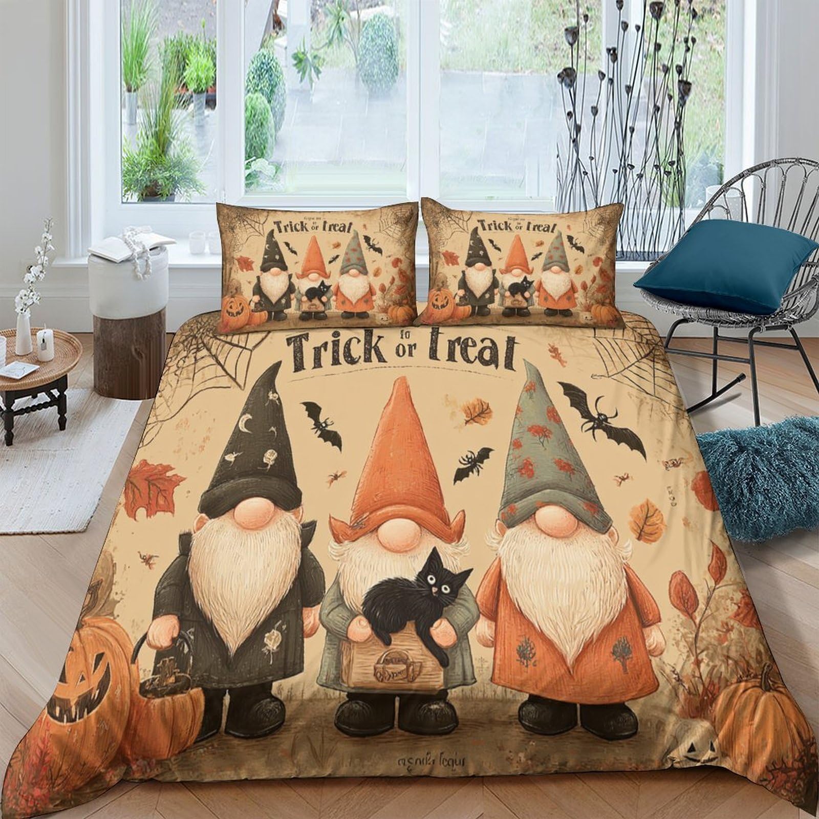 Ctjqhvkz Style-1 3D Printed Halloween Gnome Fitted Sheet Microfiber Soft Orange Black Pumpkin Bed Cover For Bedroom Guest Room Decor Single（135X200cm）