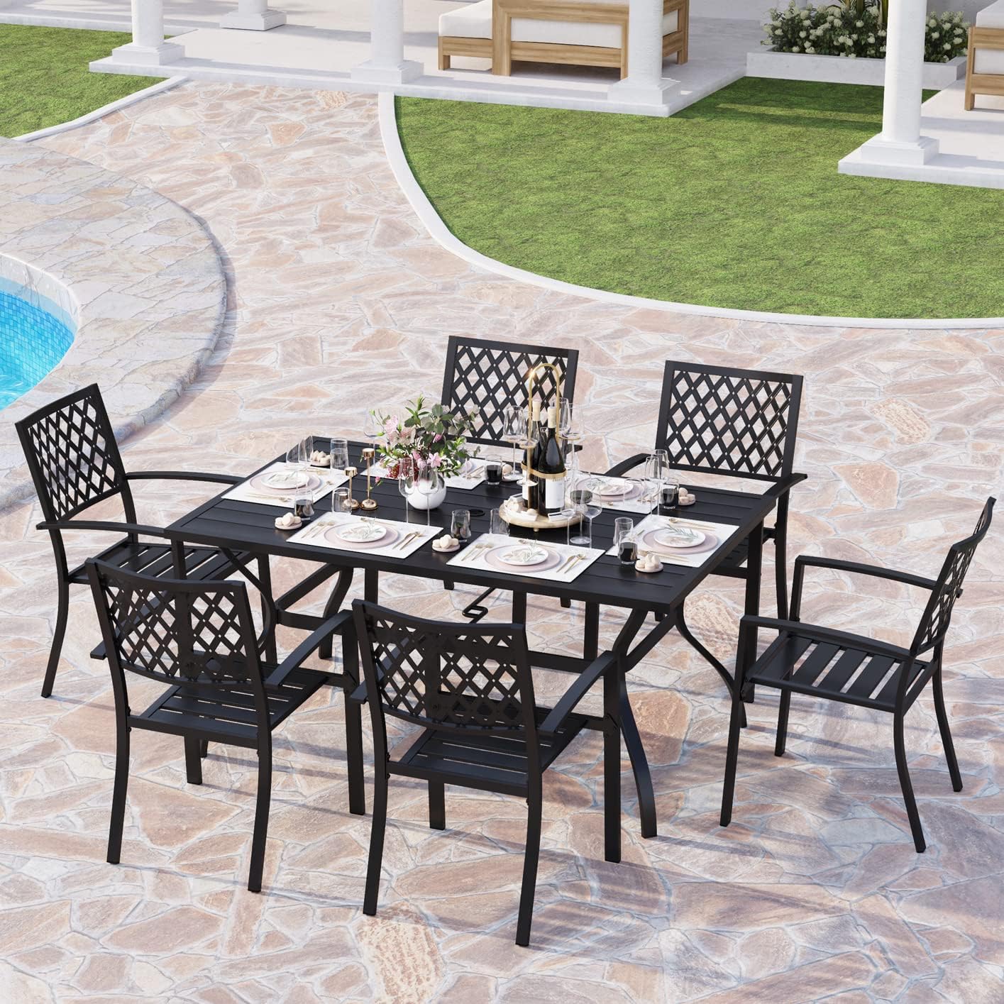 PHI VILLA Outdoor Patio Dining Set of 7 with Metal 60"x38" Rectangular Dining Table and Bistro Chairs - Black : Patio, Lawn & Garden