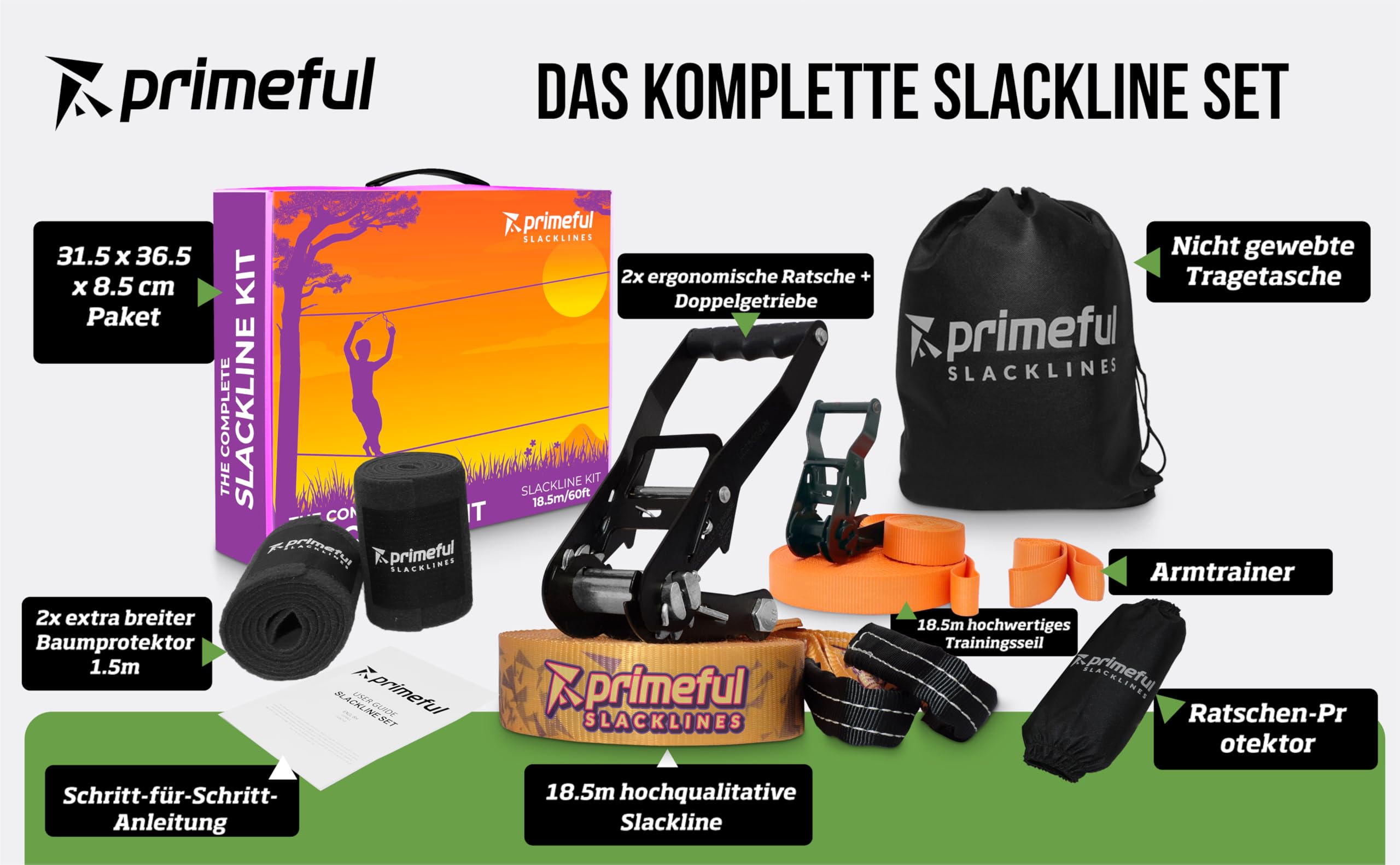 Slackline Set 18,5m - Premium Komplettset mit Hilfsseil, Ratsche, Baumschutz & Tasche - TÜV-geprüft bis 150kg - Balance Training für Kinder, Anfänger & Erwachsene - Outdoor Fitness Geschenk