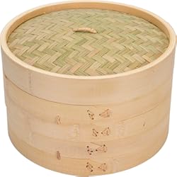 Revestimiento Palilleria Vaporizador de bambú de 25.4 cm, 2 niveles, diseño tradicional, cocina saludable para albóndigas, verduras, pollo, pescado, cesta de vapor hecha a mano incluye 2 revestimientos de gasa y palillos