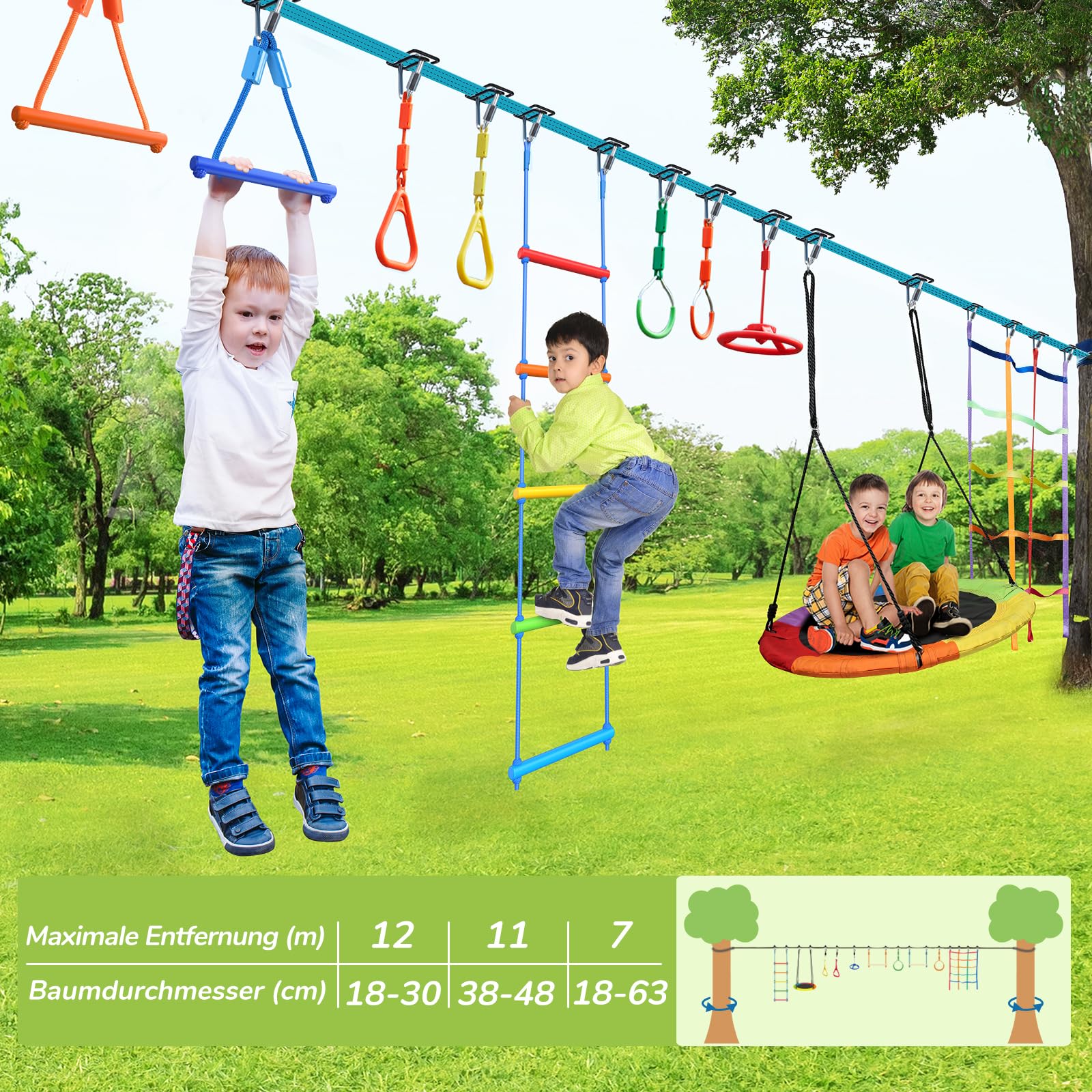 Hapfan 15M Ninja Slackline Kinder Nestschaukel Outdoor Set mit Seilrolle, Ninja Warrior Parcours Kinder mit 10 Hindernissen, Klettergerüst, Kletternetz, Kletterleiter Gym Ring Baumschutz (Bunt)
