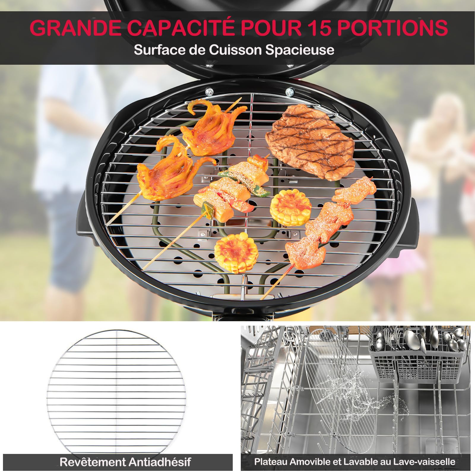 GYMAX Gril Barbecue Électrique sur Pied, Température 93-218°C, Puissance 1600W, Usage Intérieur et Extérieur, Portable avec Support pour Terrasse Balcon Cuisine Jardin