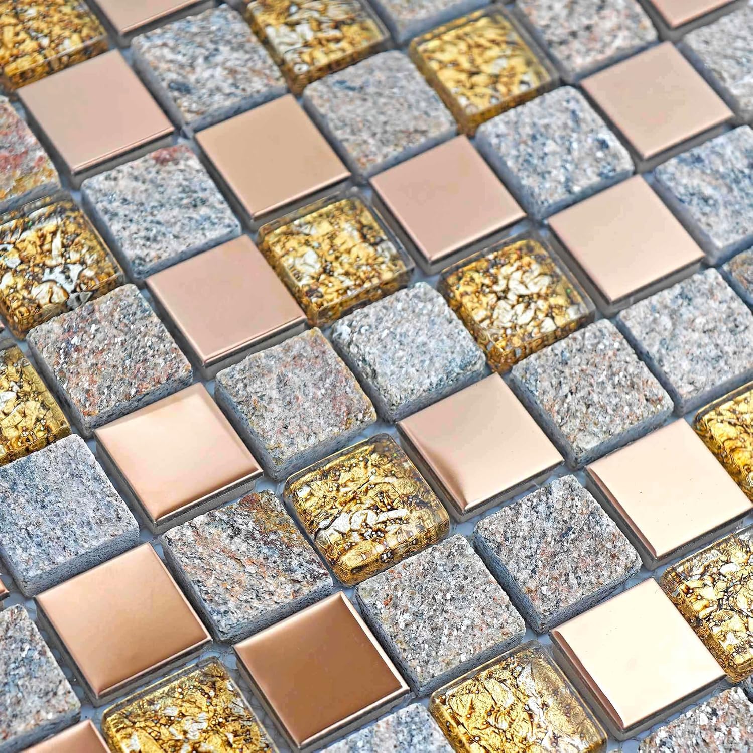 Hominter Luxury Glass Stone Tile Rose Gold Glitter Metal Mosaic Accent Backsplash Tiles in Kitchen Bathroom Walls and Fireplace Decor (5 Square Feet)