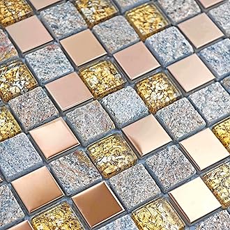 Hominter Luxury Glass Stone Tile Rose Gold Glitter Metal Mosaic Accent Backsplash Tiles in Kitchen Bathroom Walls and Fireplace Decor (5 Square Feet)