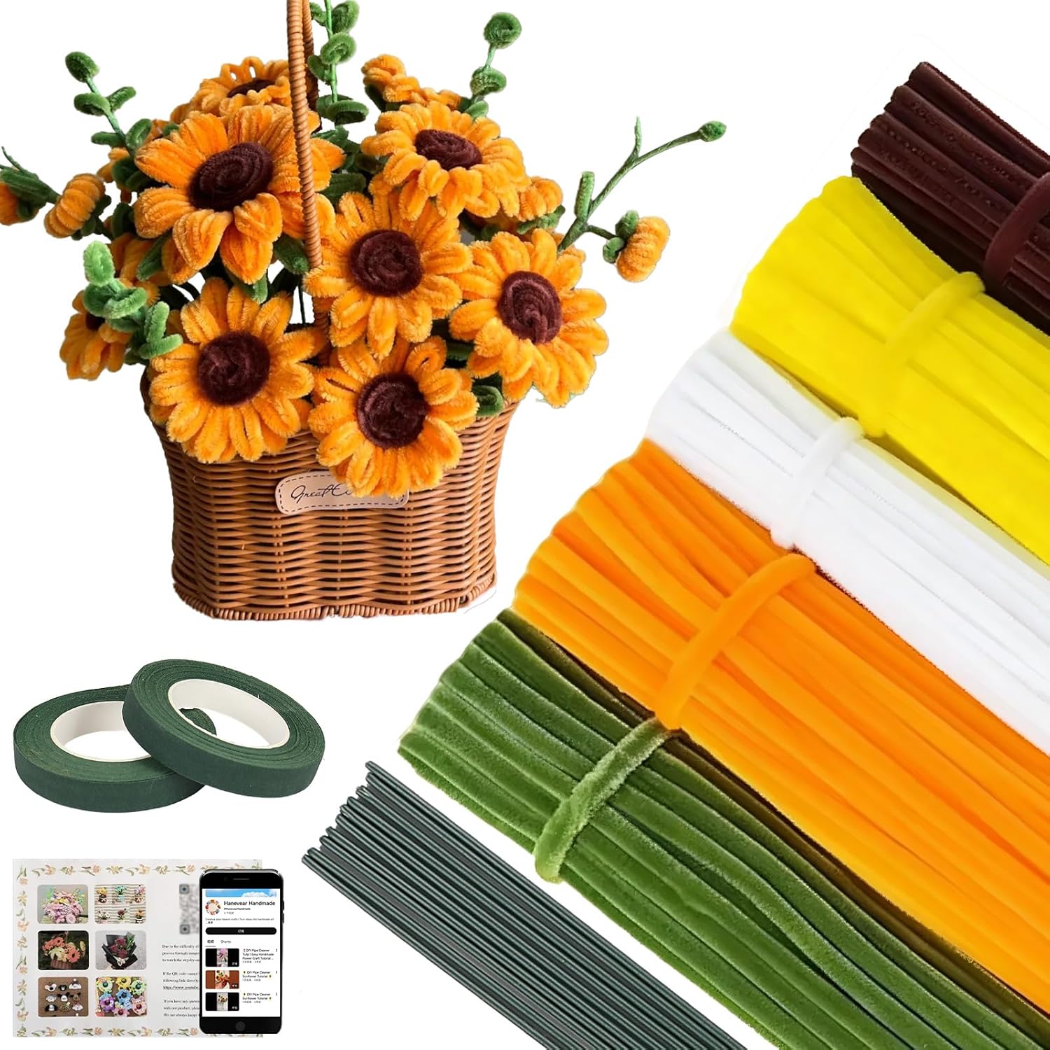 800Pcs Pipe Cleaners Craft, 16 Colors Pastel Pipe Cleaner Flower, Thick Chenille Pipe Cleaners Bulk with Floral Wires, Tape, Stamen, Ribbon & Video Tutorial, DIY Handmade Bouquet, Creative Gift