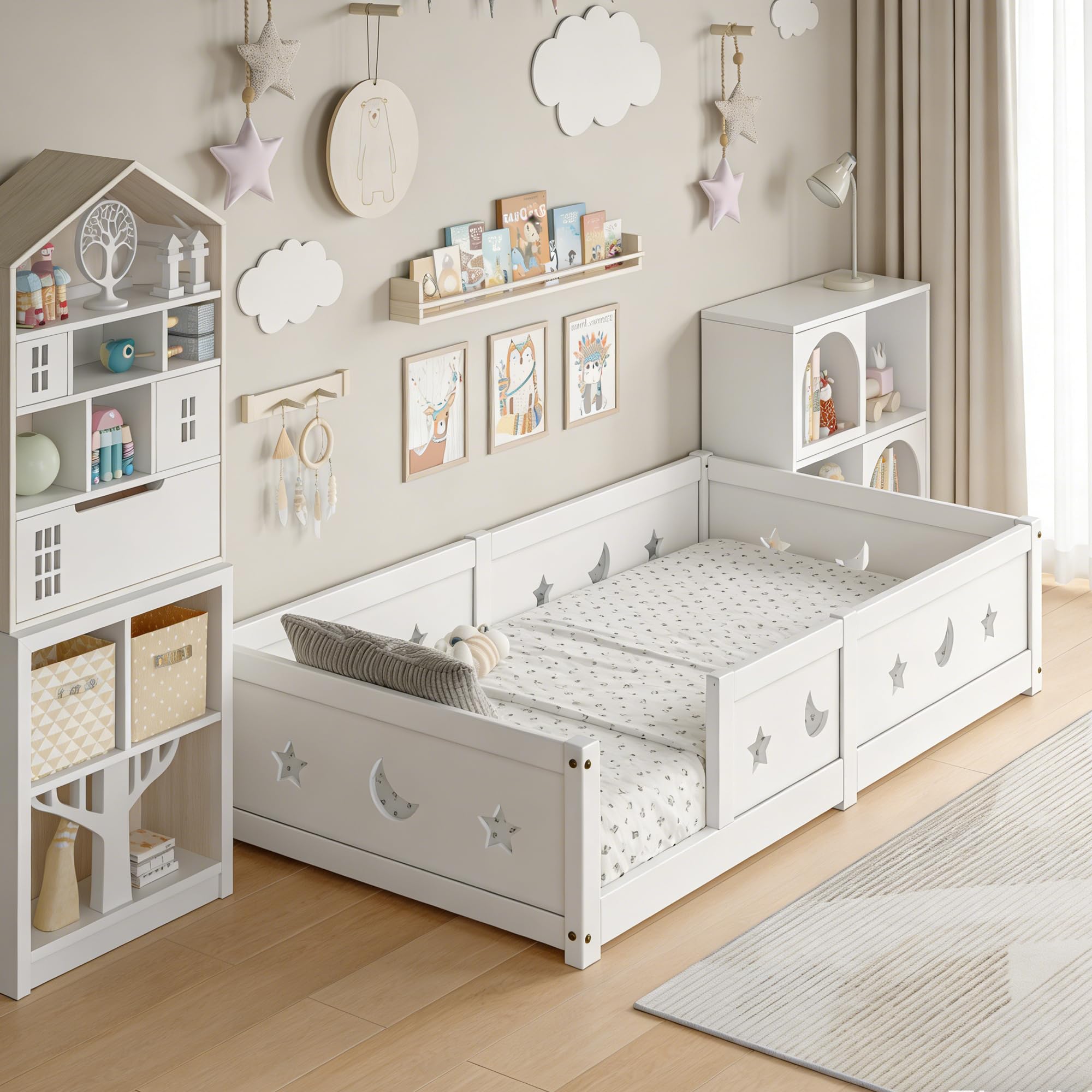 Cama infantil Cama en el suelo 90 x 200 cm, Montessori Cama Barrera Infantil con Protección contra Caídas y Somier de Latones, Cama de Madera para Niños, Blanco (Blanco/a)