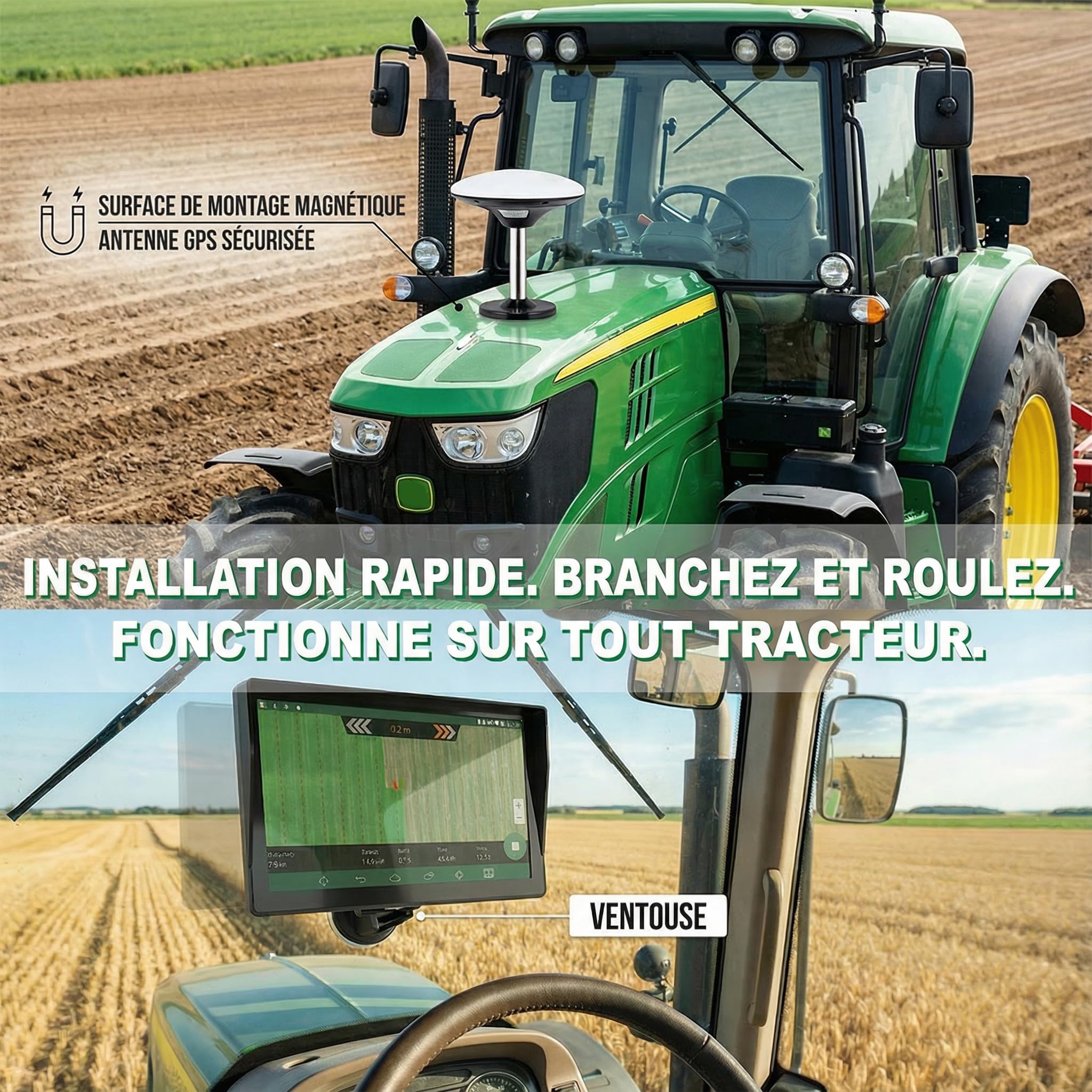 Navigateur GPS pour Tracteur pour l’Agriculture de Précision, Navigateur Agricole GNSS avec Écran Tactile de 9", Adapté à la Pulvérisation, au Labour et au Semis, Positionnement Automatique