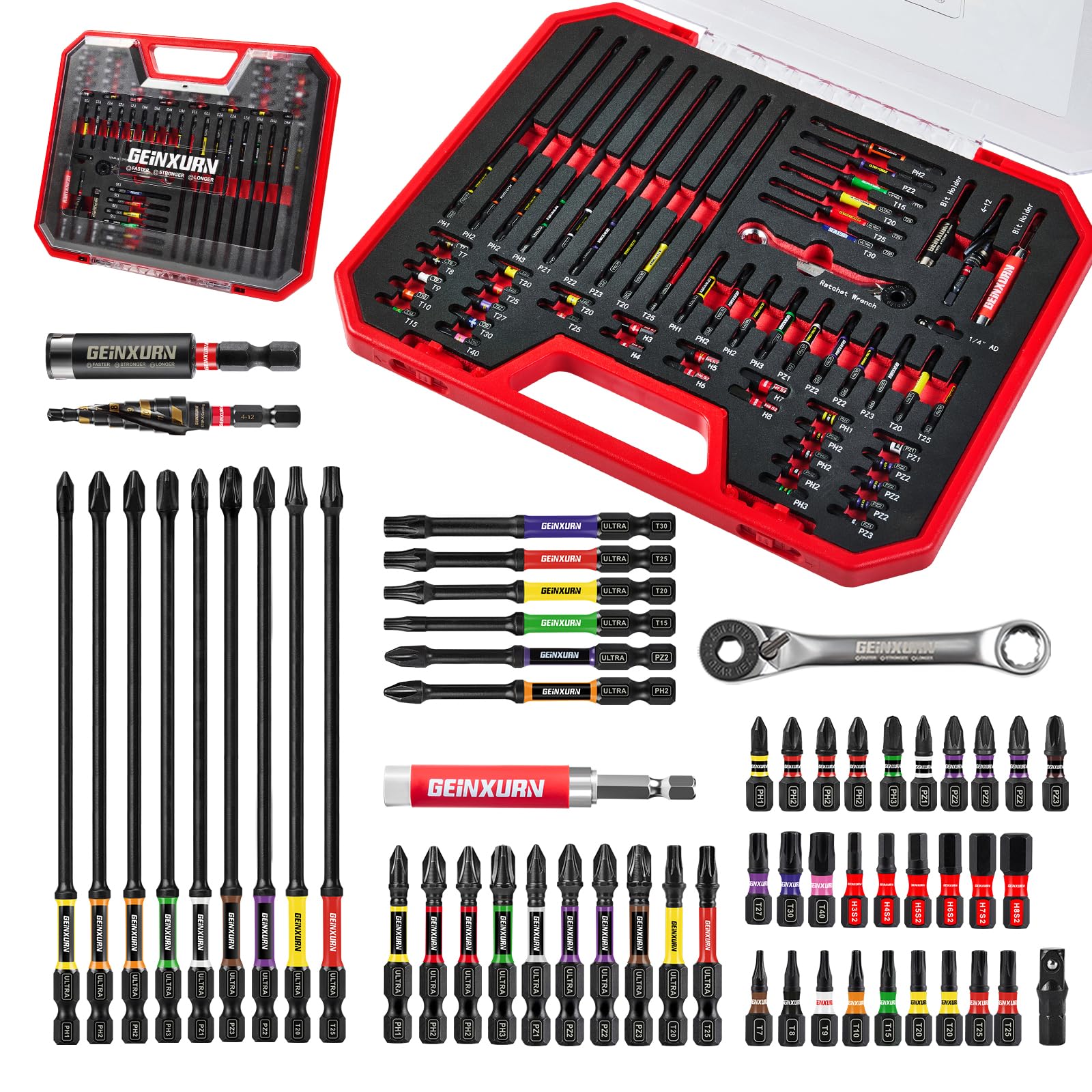 Geinxurn 58Pcs Screwdriver Bits Set, Include Impact Driver Bits (PH/PZ/TORX/HEX), Mini Ratchet Wrench, Step Drill, Socket Adapter and Magnetic Bit Holder with Red Tool Box for Home Repairs DIY