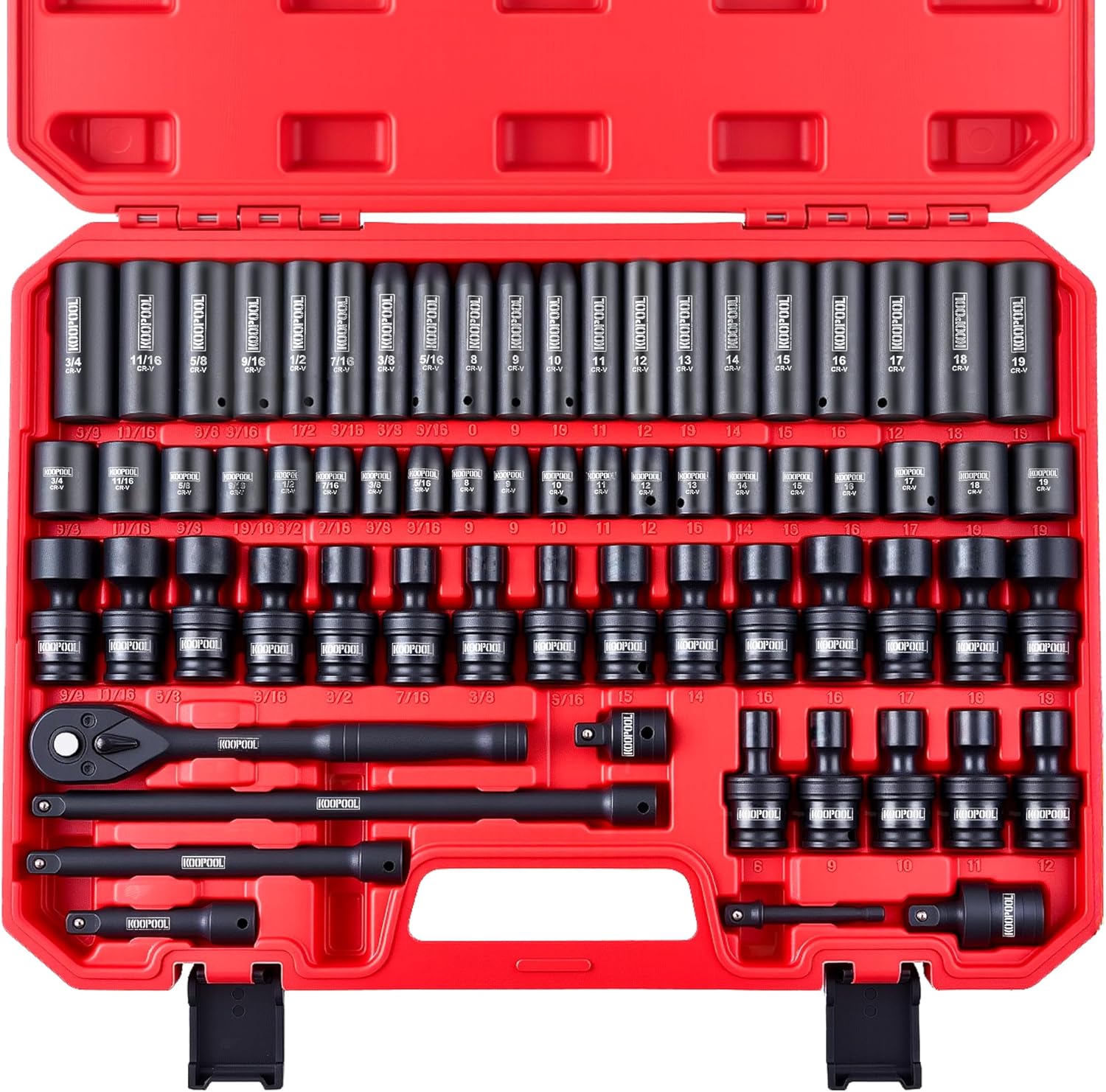 67-Piece 3/8” Impact Socket Set, SAE & Metric, CR-V & CR-Mo, Shallow/Deep/Swivel Sockets, Ratchet, Extension Bars & Adapters, Heavy-Duty Socket Set for Mechanics