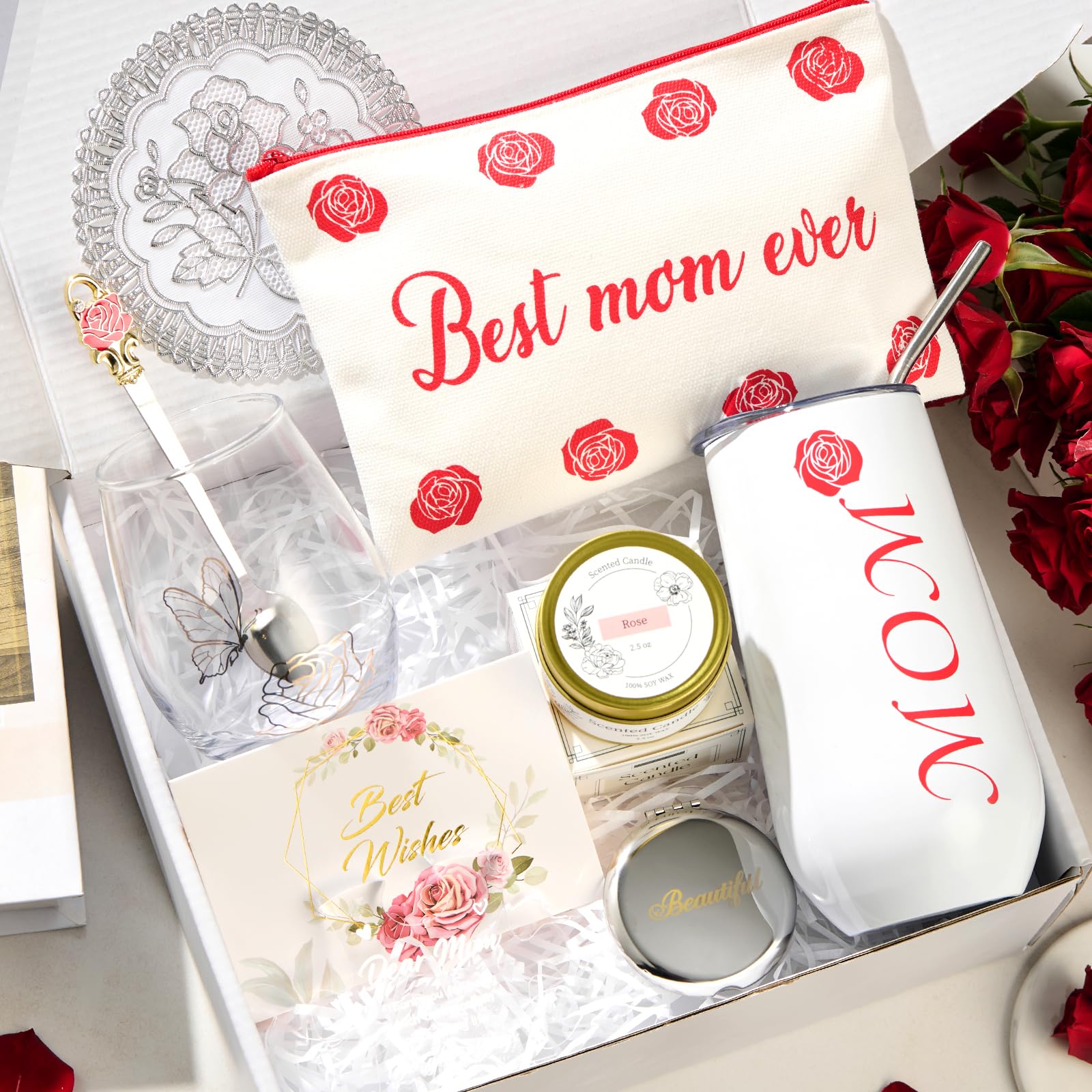 Gifts for Mom, Elegant Rose Gift Basket for Women, Birthday Gifts for Mom from Daughter Son Husband Family, Coffee Mug Glass Drinking Set, Mother's Day, Mom Gift Box
