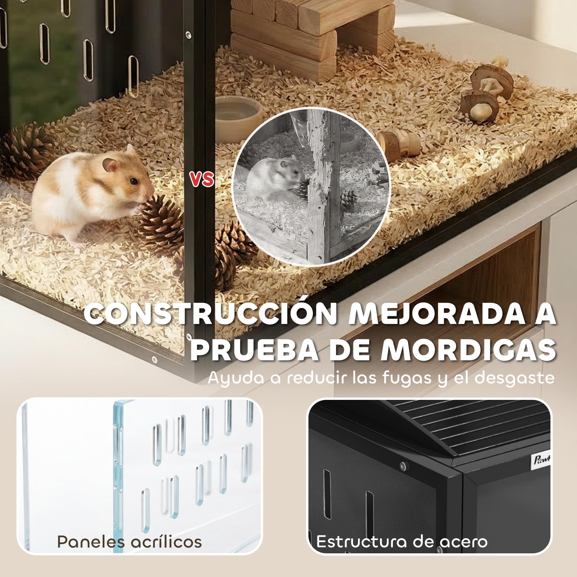 PawHut Jaula para Hámster Grande, 105x51x53 cm, Casa para Roedores Pequeños con Tapa Ventilada Abatible, Marco Metálico, Paneles Transparentes de Acrílico, Resistente a Mordiscos, Ratas, Jerbos, Negro