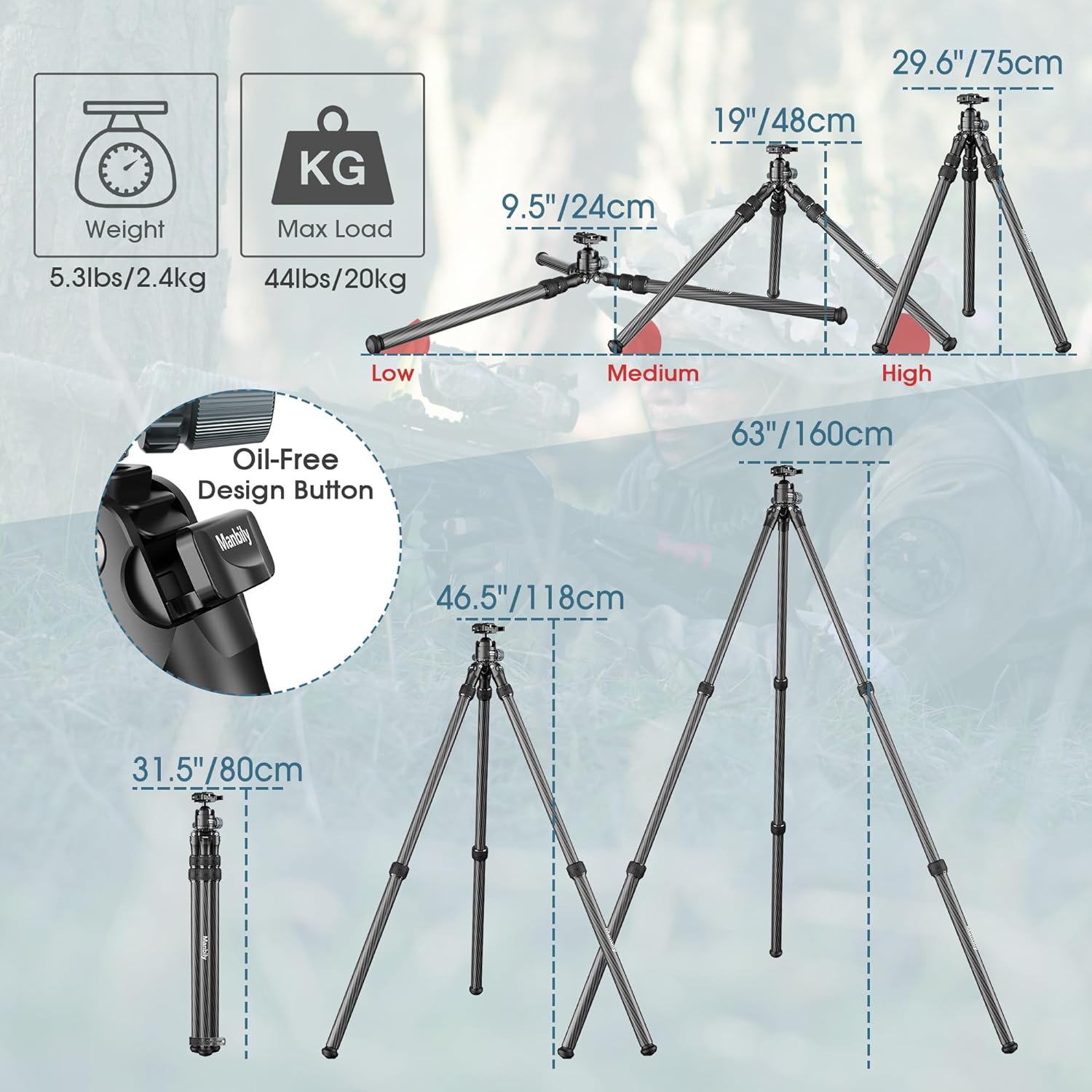 Manbily Carbon Fiber Hunting Tripod with 44mm Ball Head and Arca Swiss & Picatinny Adapters, 63" Heavy Duty Stable Inverted Tripod for Hunting, Shooting, and Outdoors (WZ-2836)