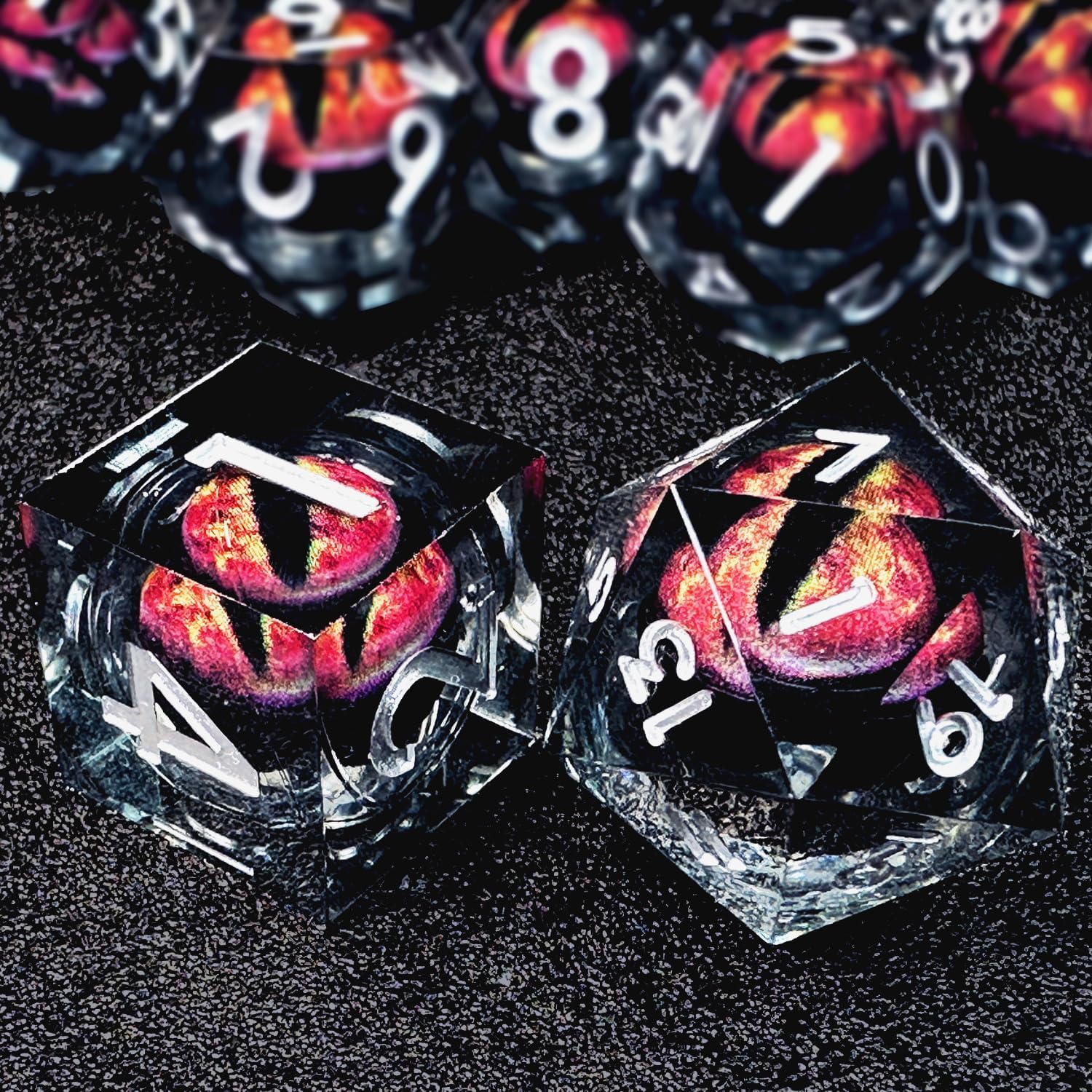 HAOMEJA Resin Dragon Eye DND Dice Set D&D 7 Pcs Resin Sharp Edge Role Playing Dice with Dragon Eye Dice Bag, Polyhedral Dungeons and Dragons Dice D20 D12 D10 D100 D8 D6 D4(Black & Eye Red)