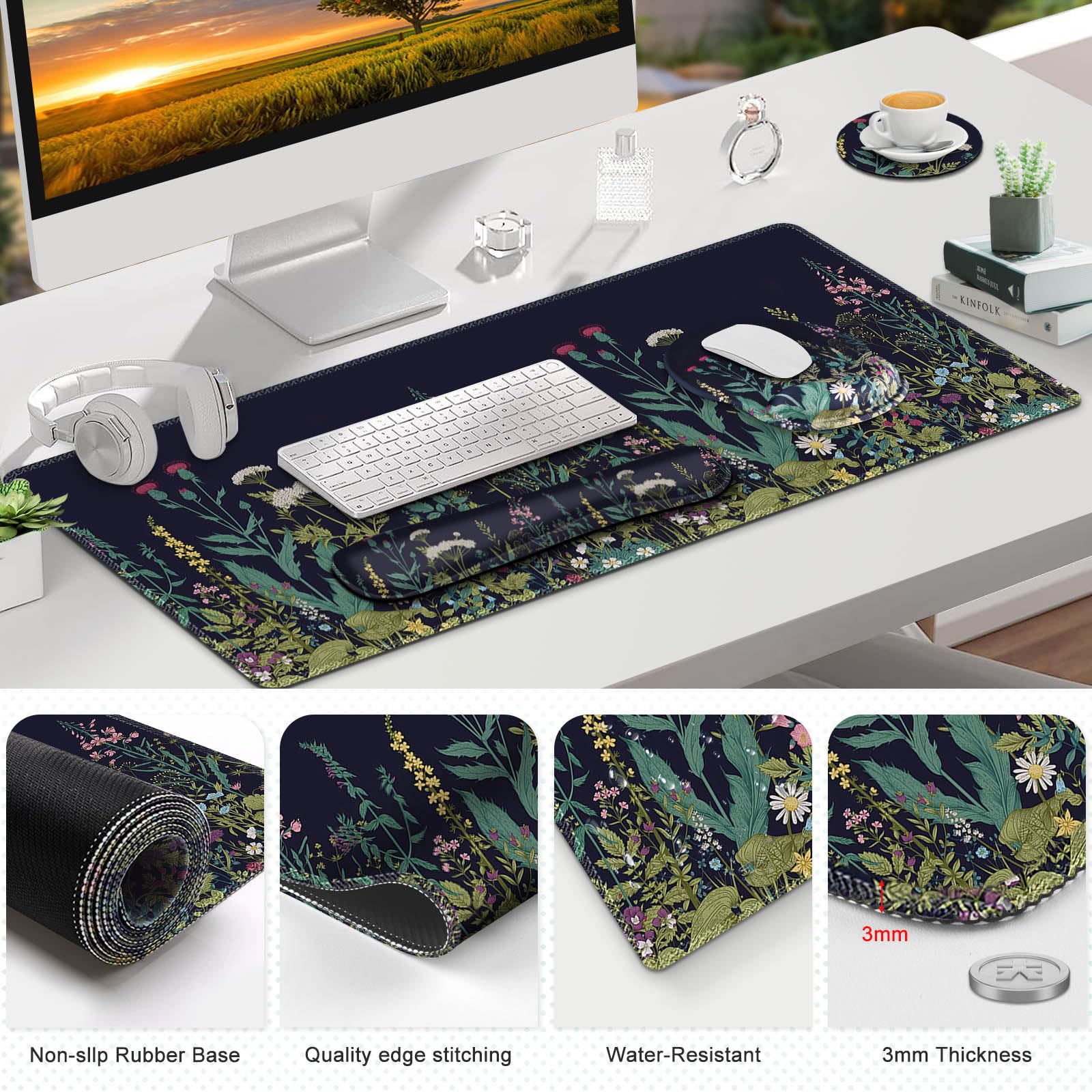 ToLuLu Tappetino da scrivania, grande tappetino per mouse XXL con supporto per il polso, tappetino per mouse 4 in 1, tappetino per mouse ergonomico con poggiapolsi + poggiapolsi per tastiera,