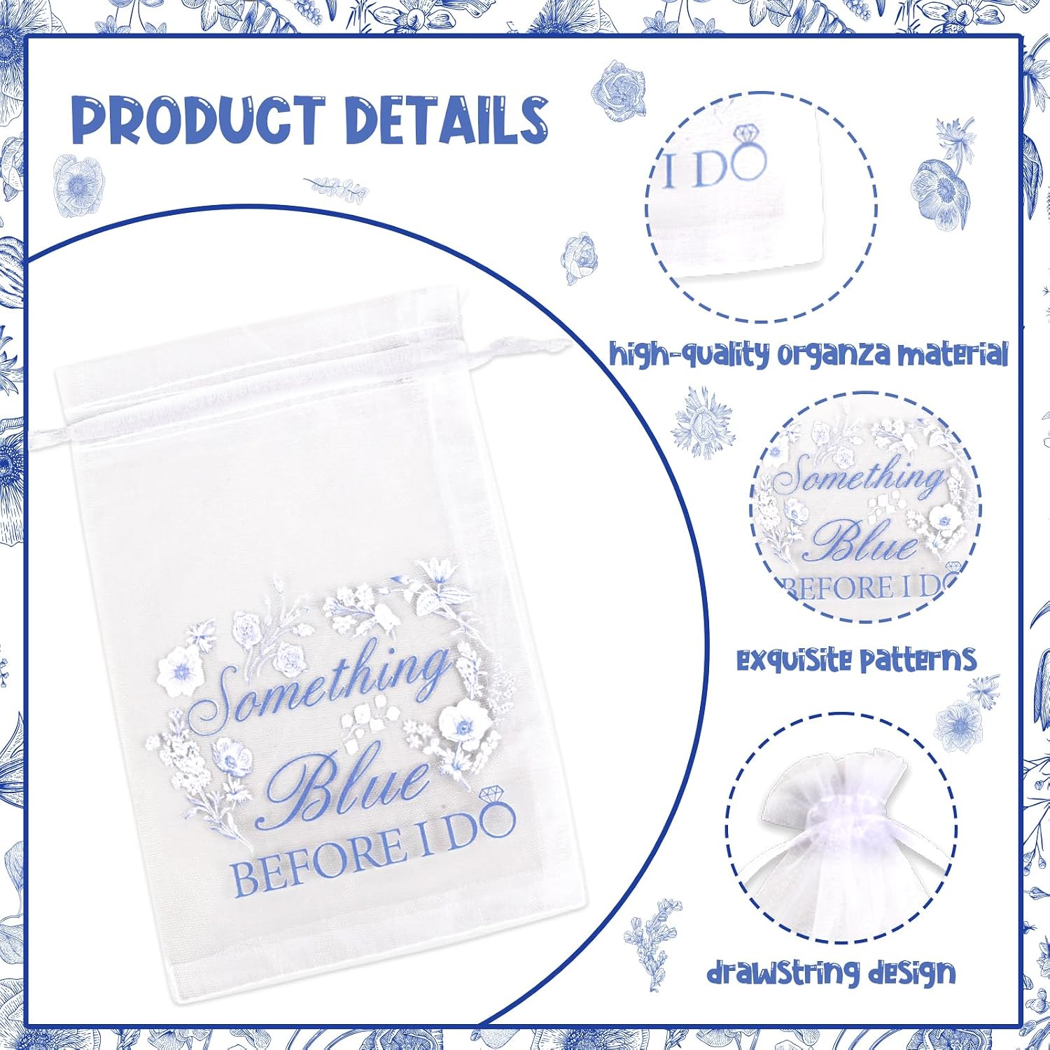 Diartpaint 50 Sets Something Blue Before I Do Bridal Shower Decoration Something Blue Before I Do Drawstring Bags with Tags String Thank You Tags Candy Mesh Pouches for Wedding Bach Party Favor Supply image 5