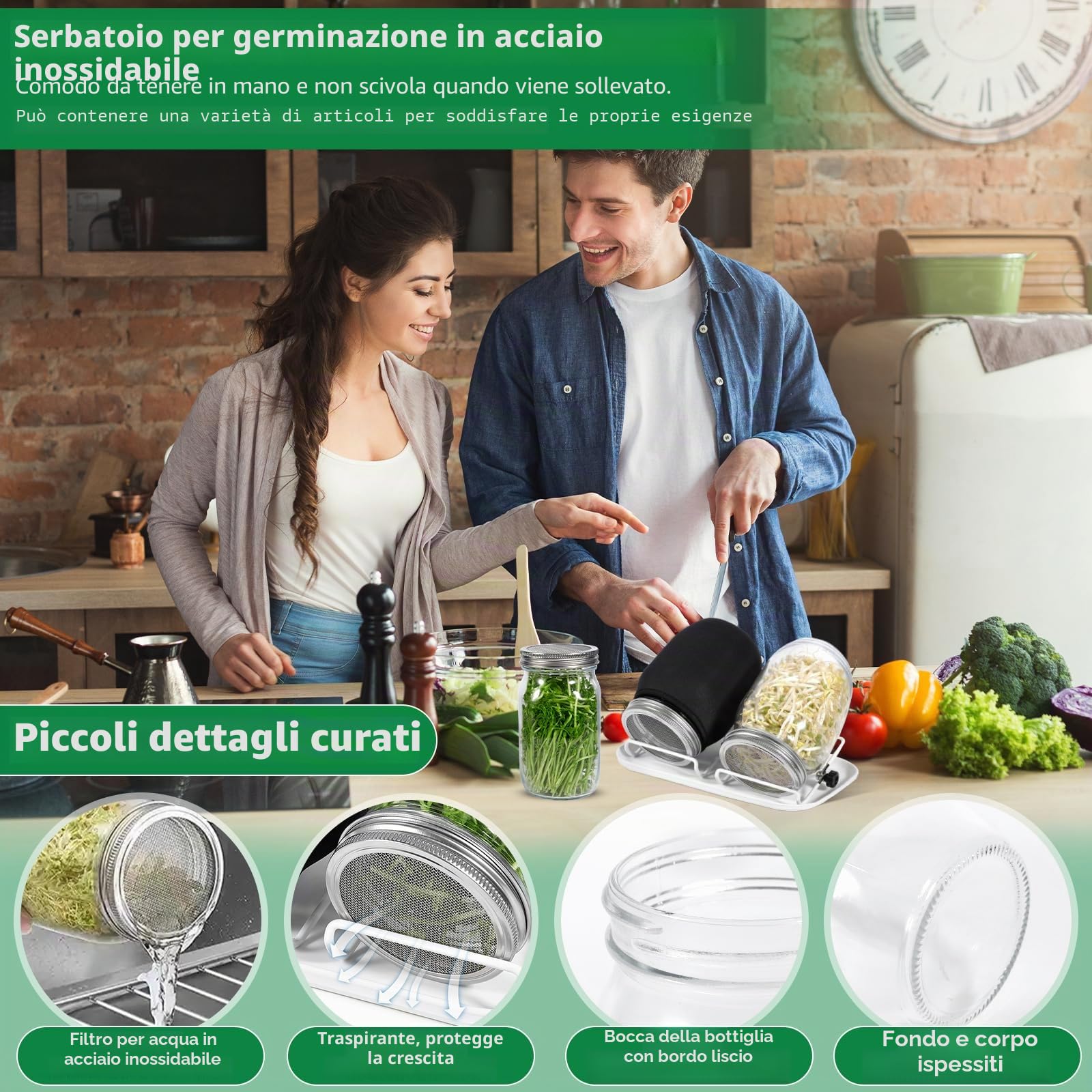 Barattolo Germogliatore Set,2 1000ml Germogliatore in Vetro, 2 Coperture, 2 Supporti e 1 Vassoio,2 Manicotti Oscuranti,1 Spazzola,Kit di Barattoli per Germogliamento di Semi per Broccoli Germ