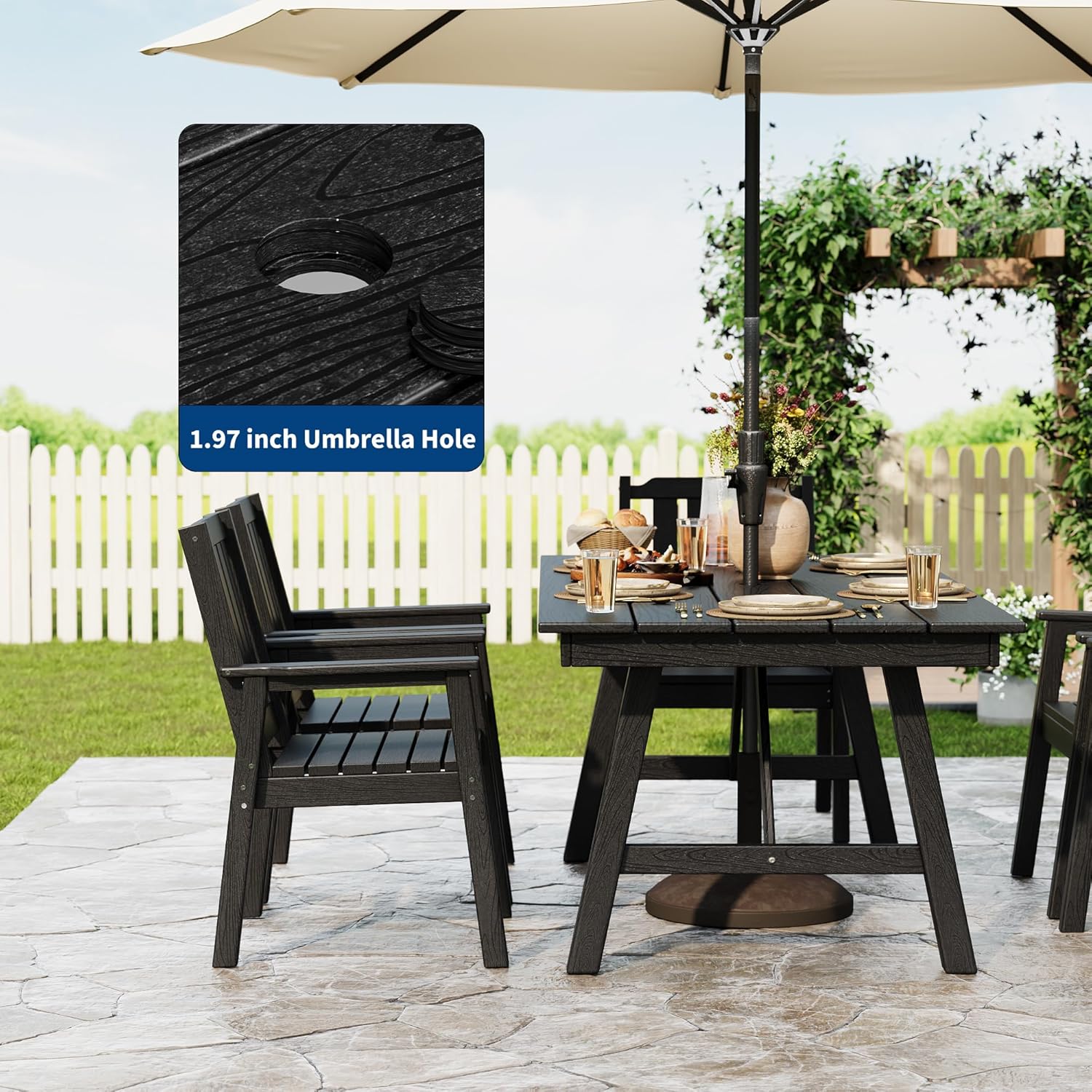 66.9" Rectangular Outdoor Dining Table for 4-6, Heavy Duty All-Weather HDPE Patio Table with 1.97" Umbrella Hole, Wood-Grain Plastic Outdoor Table for Backyard, Poolside & Garden,Black