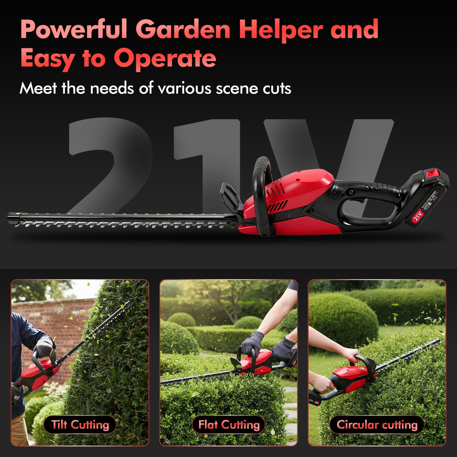 Hedge Trimmer Cordless 21v,Hedge Cutter with 50cm Sk8 Dual-Action Blade 18000rpm Brushless Motor,Hedge Trimmer Cordless Lightweight Long Reach,1.5cm Cutting Capacity,Safety Lock &Quick Stop for Garden - 4