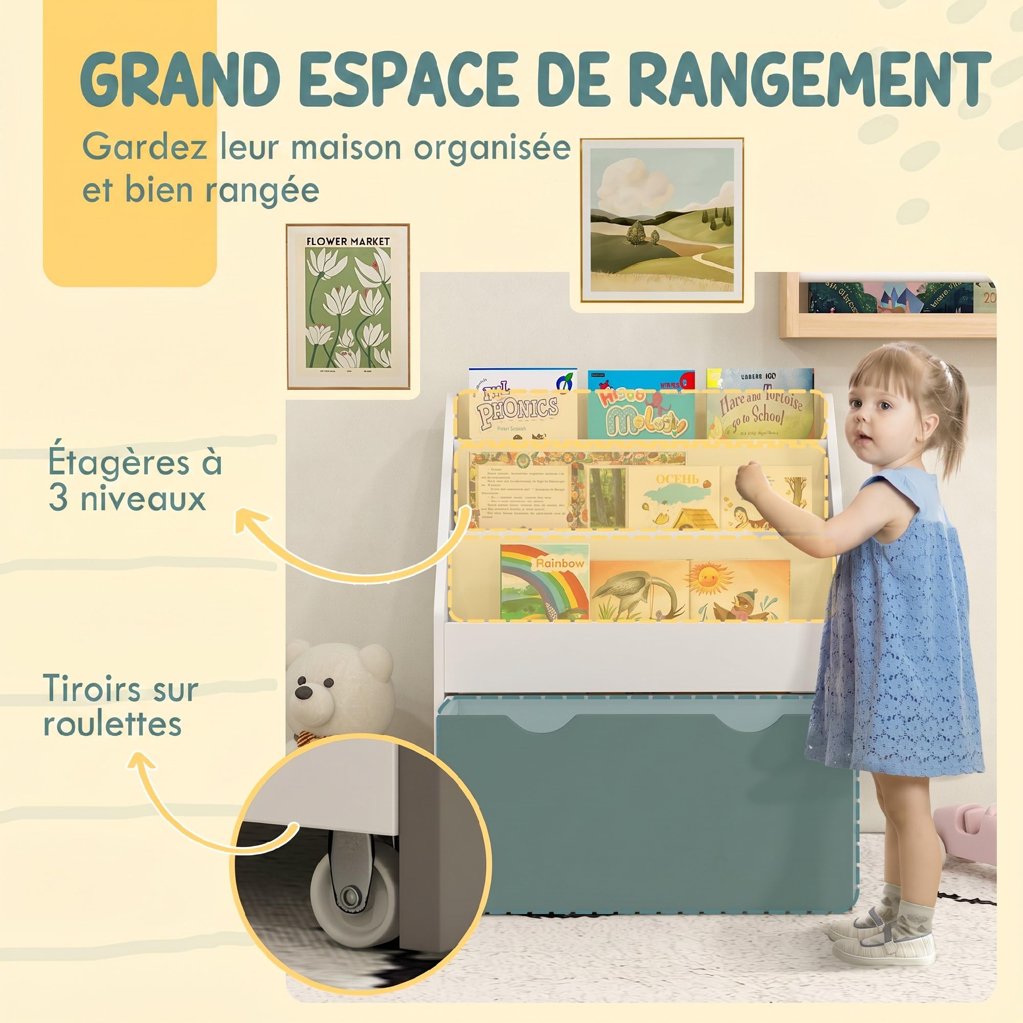 AIYAPLAY Bücherregal für Kinder, 62,5 x 30 x 70 cm (L x B x H), Grau und Weiß | Für Bücher und Spielzeug, multifunktional, 3 Regalebenen, Schublade