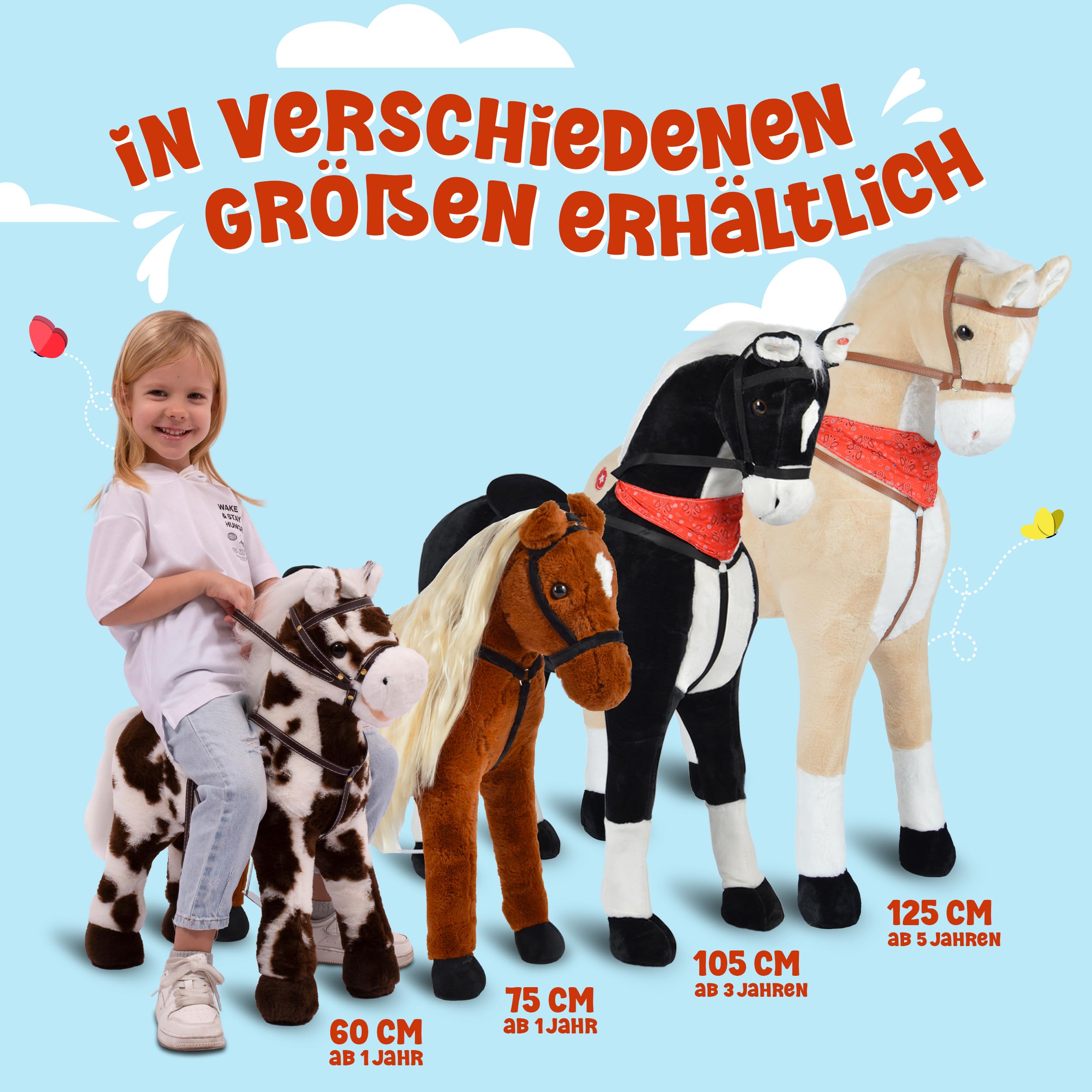 Pink Papaya Stehpferd zum draufsitzen | 60cm Spielpferd zum Reiten Luna | Pferd zum Reiten für Kinder mit Sound | Sattel Pferd