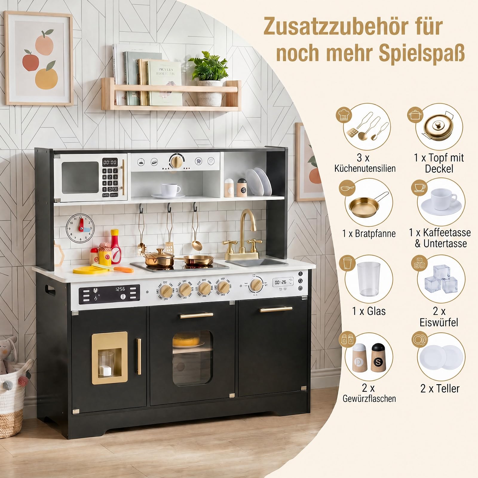 DREAMADE Kinderküche Holz, Spielküche mit Licht & Sound (Schwarz) | Kinder Küche mit Mikrowelle, Backoffen, Kaffeemaschine, Eiswürfelmaschine & Spülmaschine, Puppenküche für Kinder ab 3 Jahren