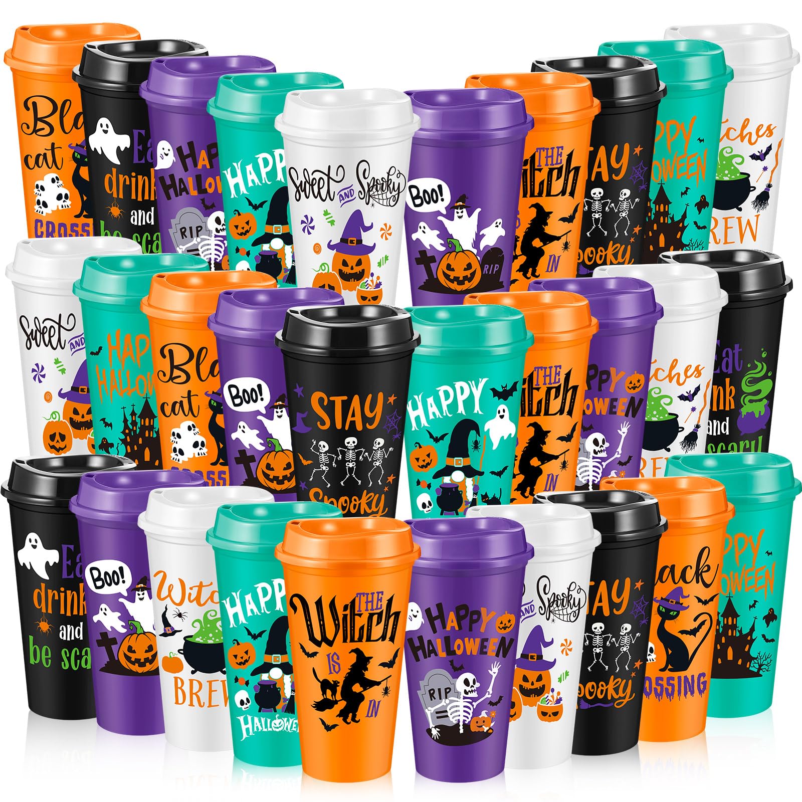 Chuangdi Halloween-Becher aus Kunststoff mit Deckel, wiederverwendbare Kunststoffbecher, gruselige Becher, Großpackung für Kinder und Erwachsene, Halloween, Party, Geburtstag, 30 Stück