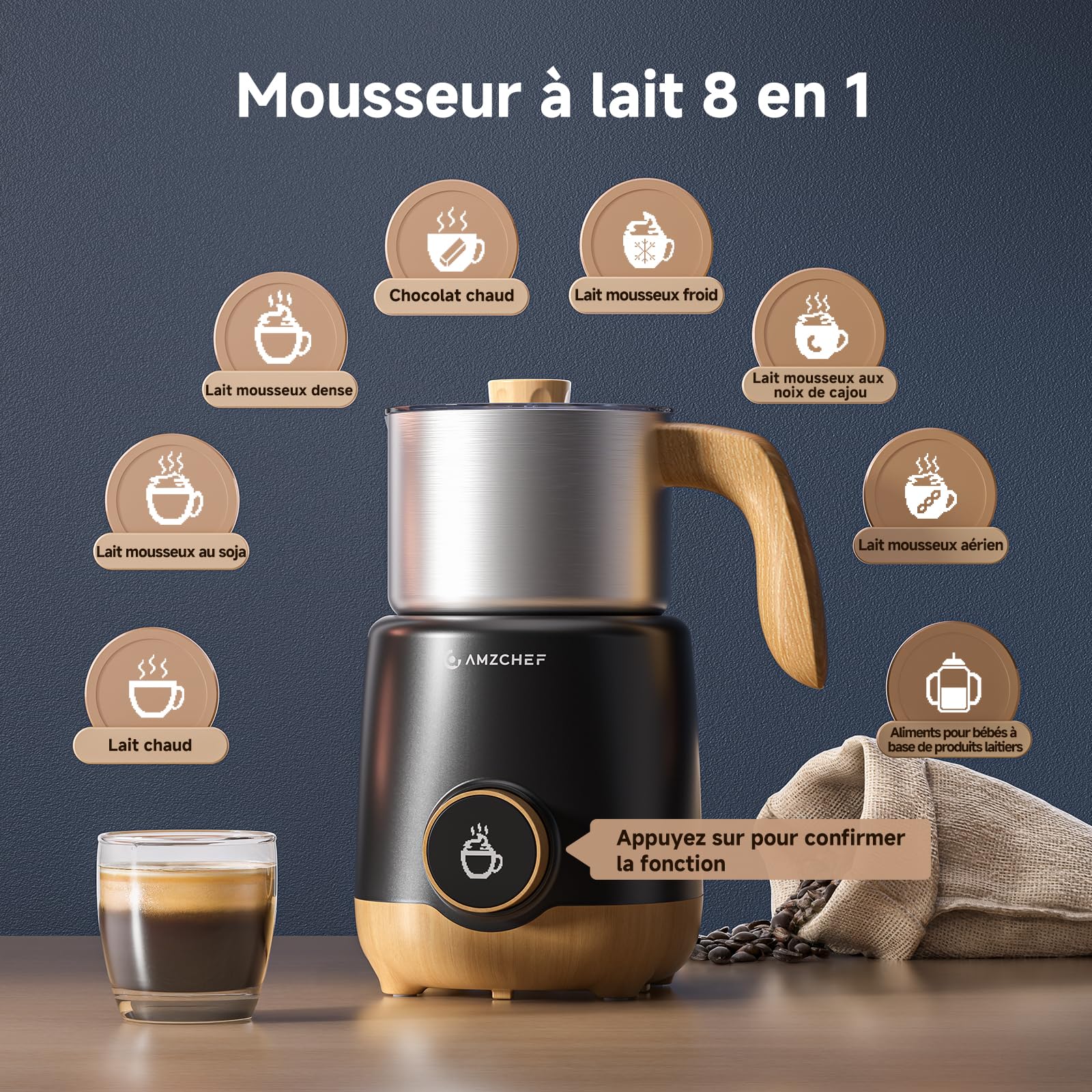 AMZCHEF Mousseur à Lait 600ml - 8 en 1 Chauffe Lait Électrique 550W, Lait Chaud/Froid & Mousse Dense, Chocolat Chaud, Facile Nettoyer, Pour Cappuccino Latte
