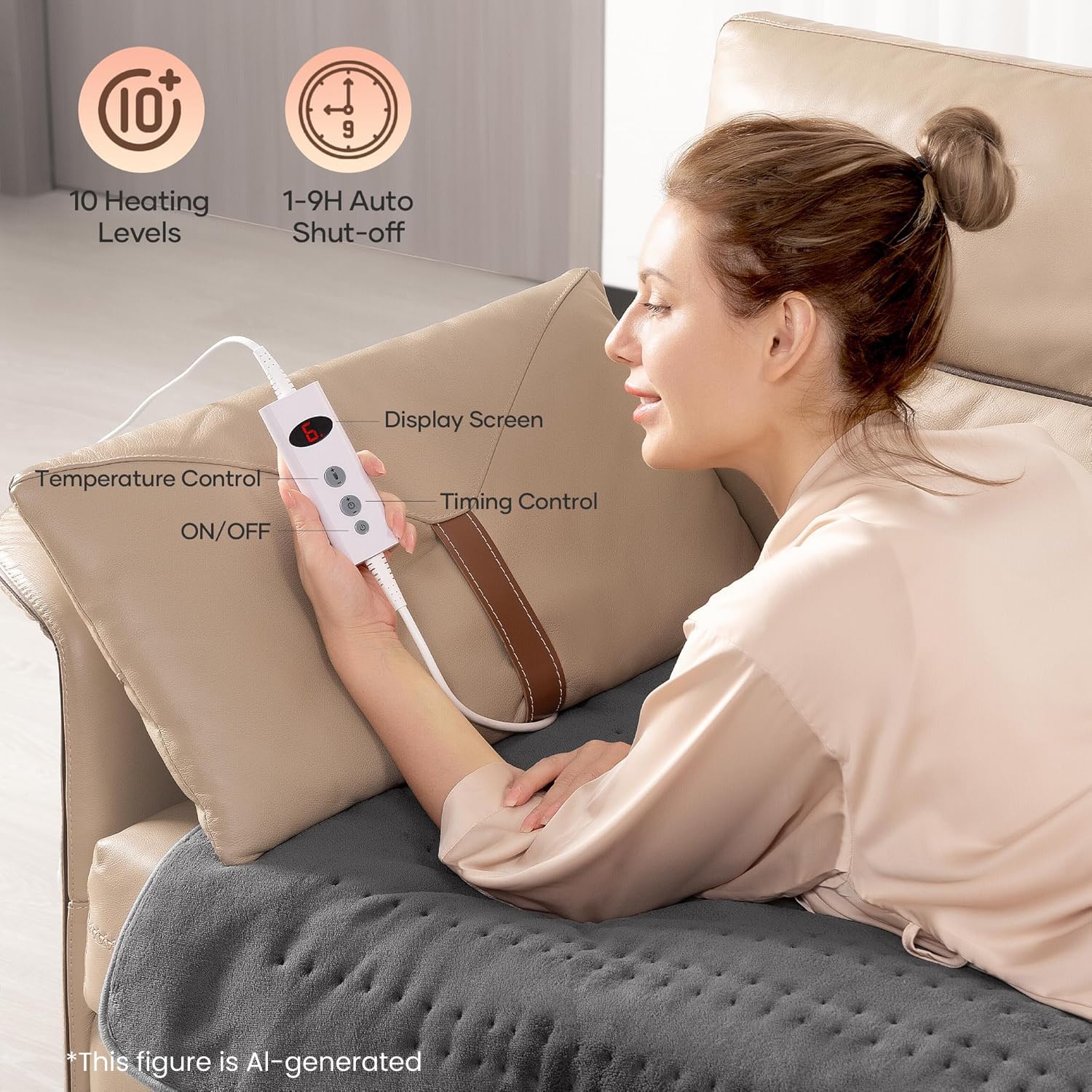 Coperta Riscaldata Elettrica 150x80cm Grigia con 10 Livelli di Temperatura, Spegnimento Automatico e Protezione dal Surriscaldamento, Facile Fissaggio su Letto e Materasso