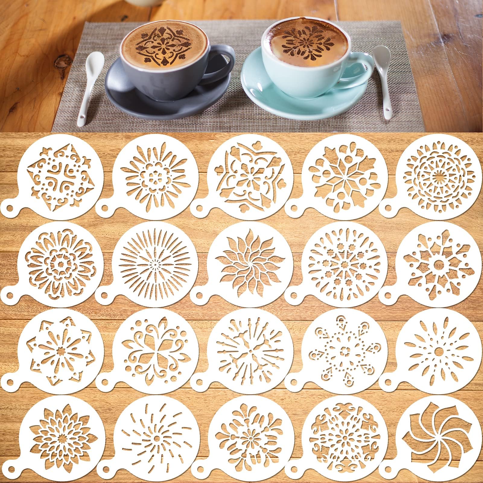 Konsait Cookie Template Stencil, 20 Pack Mandala Stencils for Coffee Cake Decorations, Reusable Template Stencils for Foam Barista Oatmeal Hot Chocolate Party Decoration Supplies Dot Painting Crafts