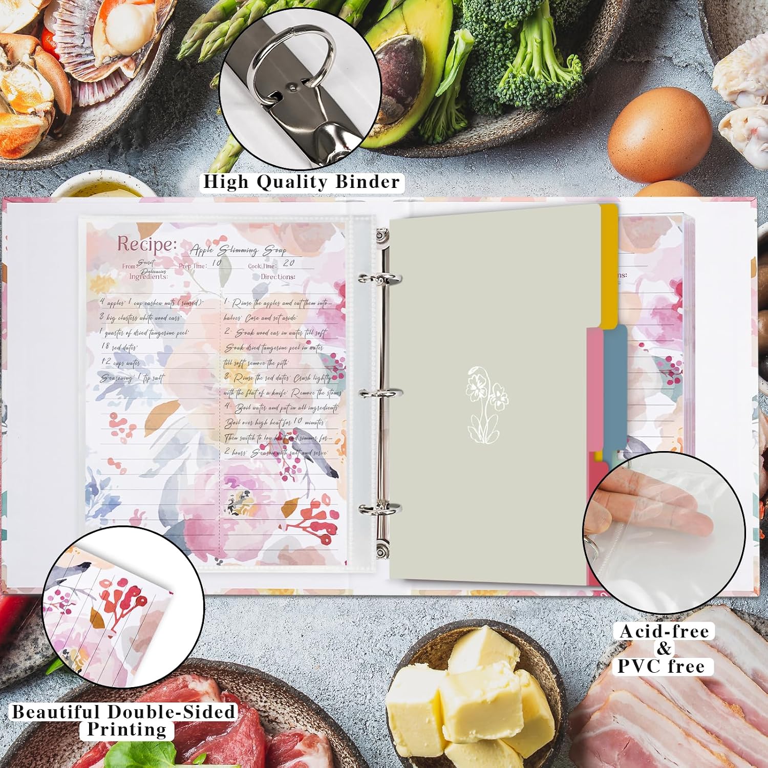 3 Ring Binder - 8.5x11, Full Page, 25 Slot Pages & 25 Recipe Cards, Set with 6 Dividers, Organizer for Kitchen Recipe Book image 5