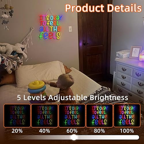 Miniatura 5 de JURONG Está Bien Sentir Todas las Sensaciones Letreros de Neón para Decoración de Pared, Letreros de Luz de Neón LED Atenuables, Alimentados por
