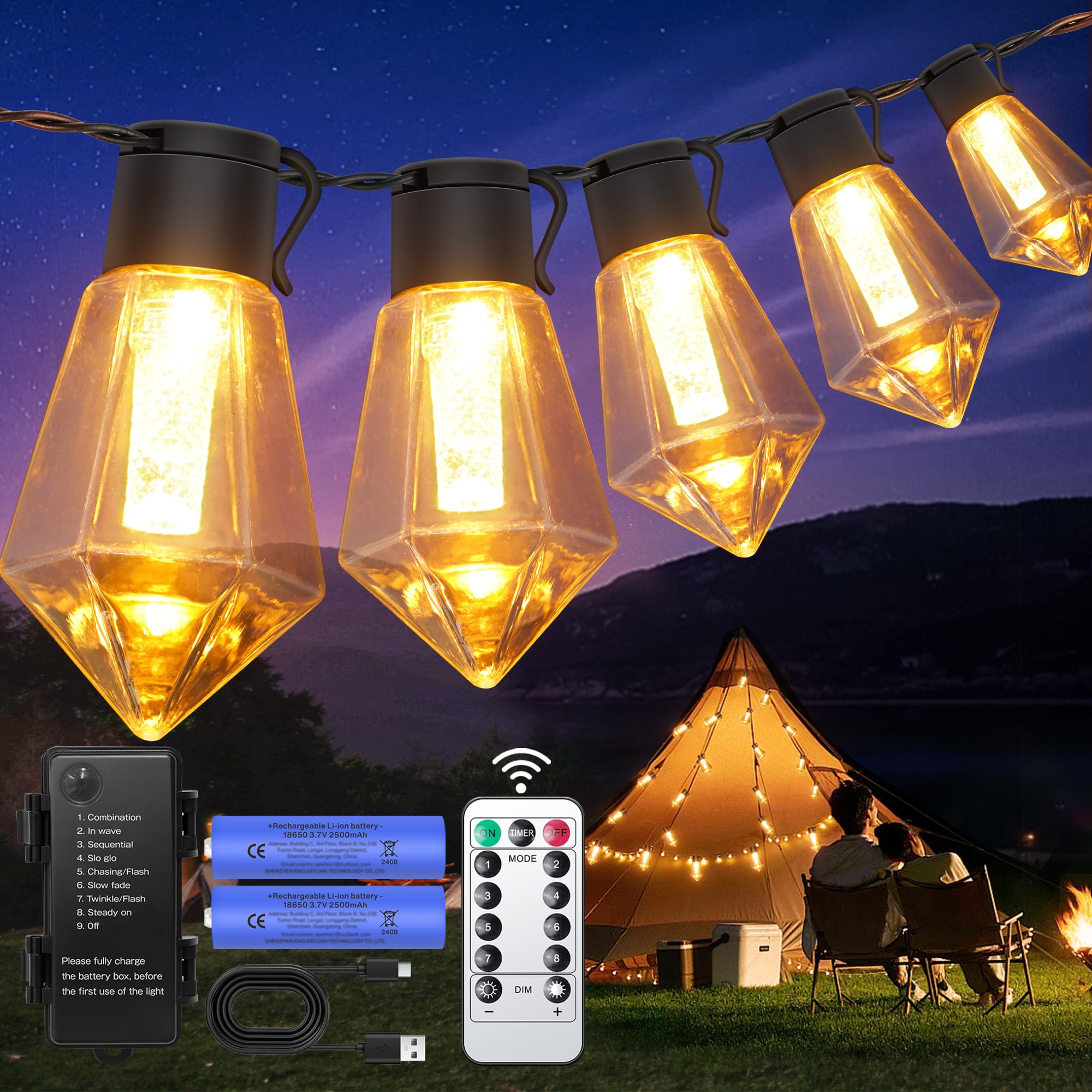 LED Lichterkette Außen Batterie 9M 12 ST64 Glühbirnen IP64 Wasserdicht - USB Aufladbar 5000mAh Timer Lichterkette Outdoor für Garten, Terrasse, Balkon, Party, Hochzeit, Camping [Energieklasse A]