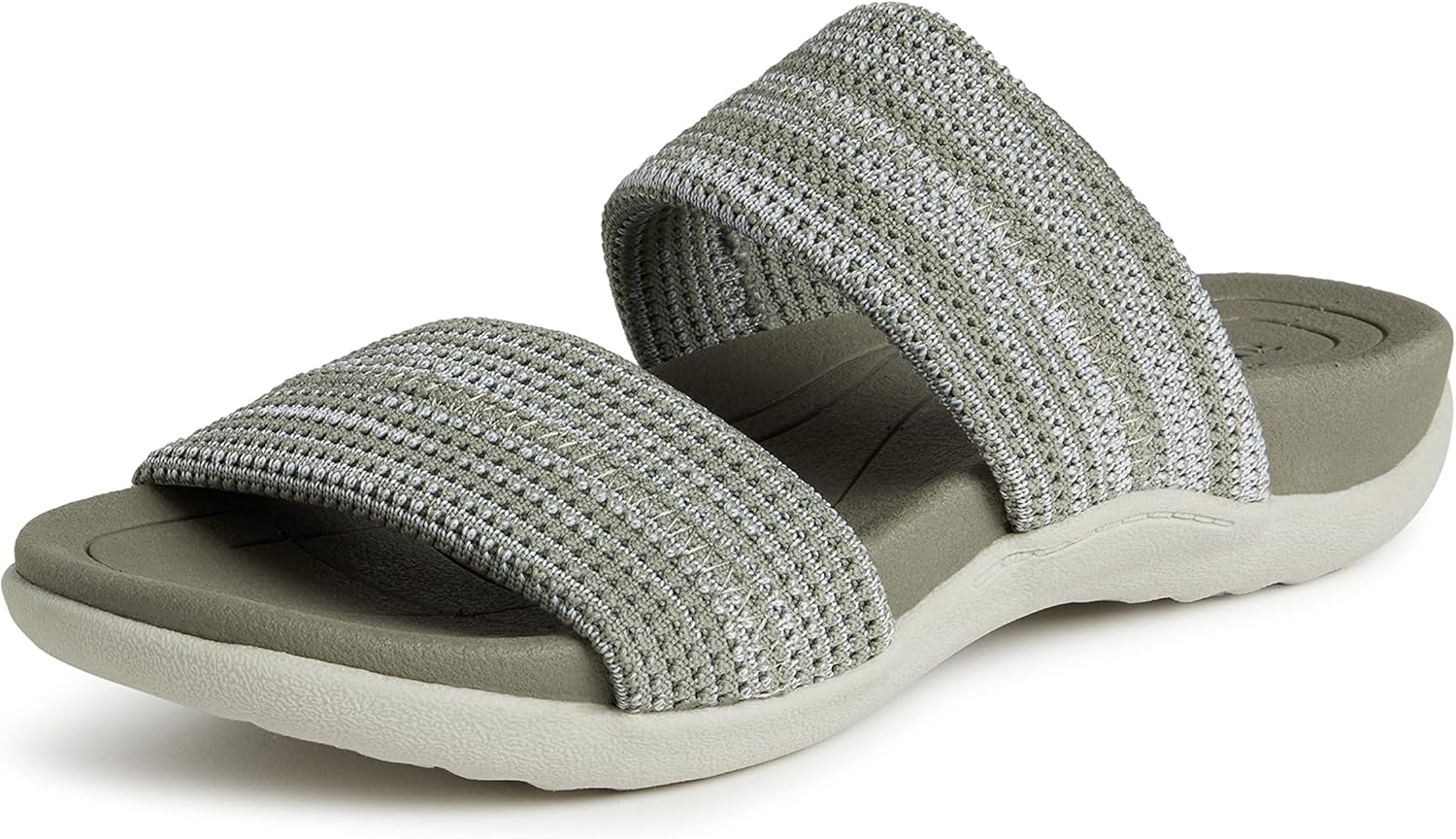 Dearfoams Women's Original Comfort Blair Slip On Double Band Slide Sandal with Arch Support, Moss Heather, 6.5