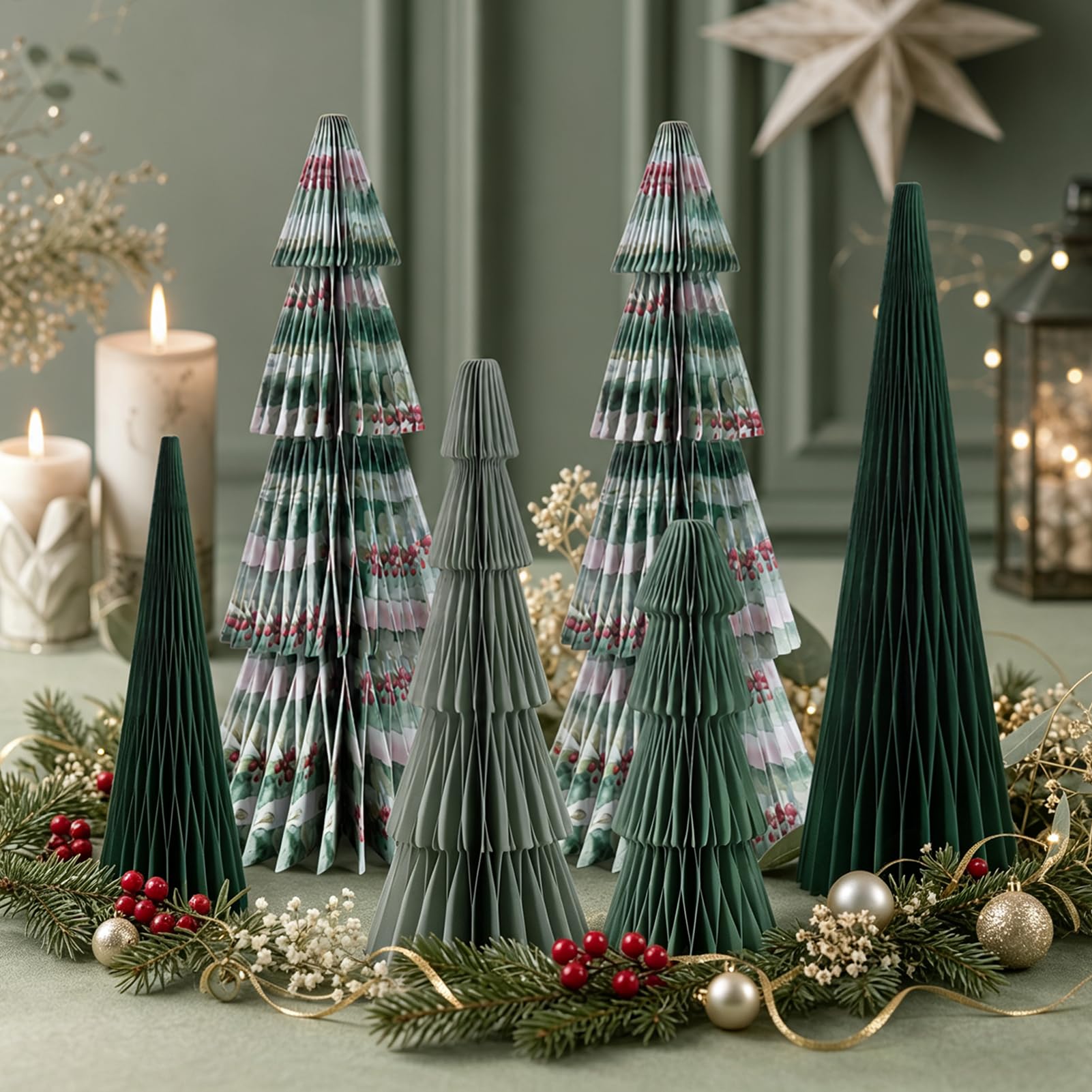 EASY JOY Paper Honeycomb Christmas Trees Set – 6PCS All-Green Mix, 3D Magnetic Foldable Mini Xmas Table Centerpieces, Vintage Nature-Inspired Holiday Decor for Mantel, Shelf & Party — image 1