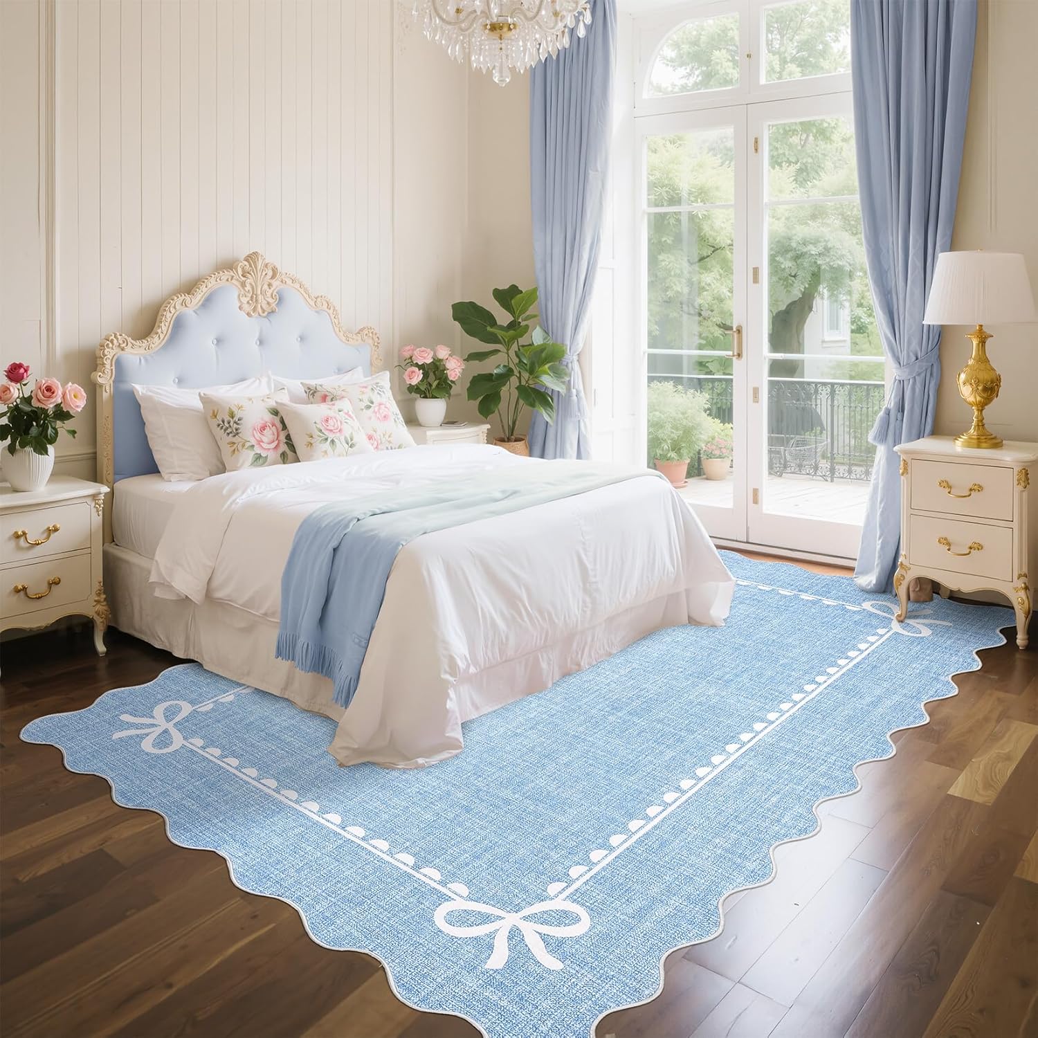 GarveeHome Scalloped Bow Rug for Living Room, Solid Blue Rug for Dorm, Washable Rugs 9x12 Soft Low Pile Non Slip Scalloped Rugs for Nursery College Bedroom Decor Kids Room Playroom Blue 9' x 12' (Rectangular)