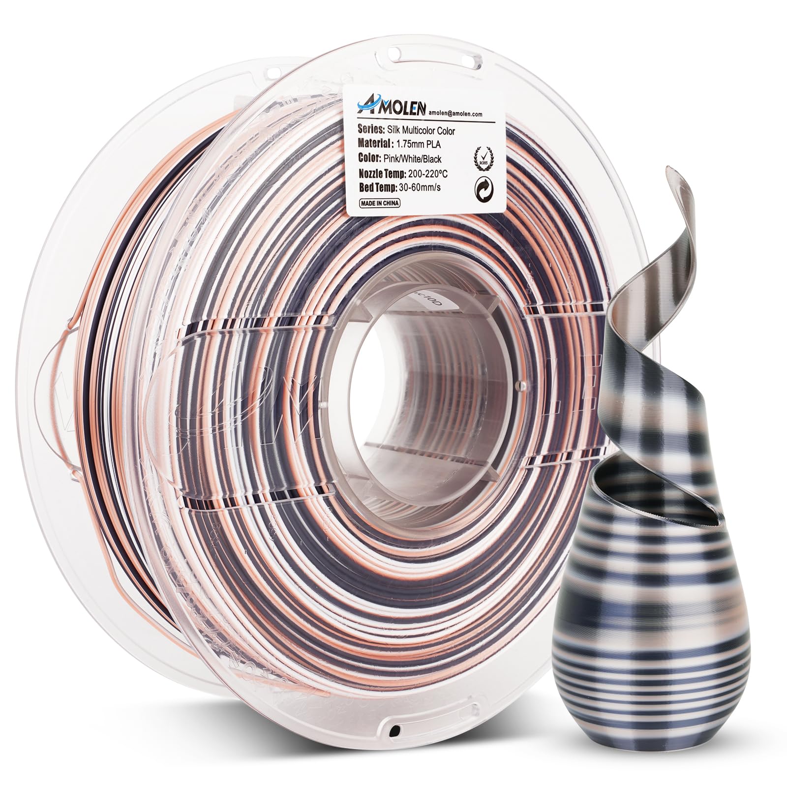 AMOLEN Silk PLA 3D Printer Filament, Shiny Multicolor Rainbow PLA Filament 1.75mm, Fast Color Change PLA 3D Printing Filament for Most FDM 3D Printer, Black Pink White, 1kg (2.2lbs)
