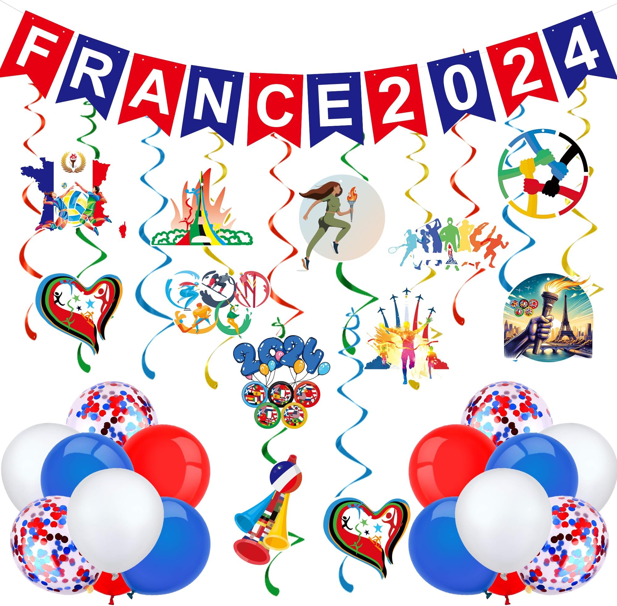 AFYHH 37Pcs France 2024 Decorations 2024 France Banner Bunting Balloons Hanging Swirls Decorations 2024 Summer International Sports Games Decorations Foil Streamers Ceiling Decorations