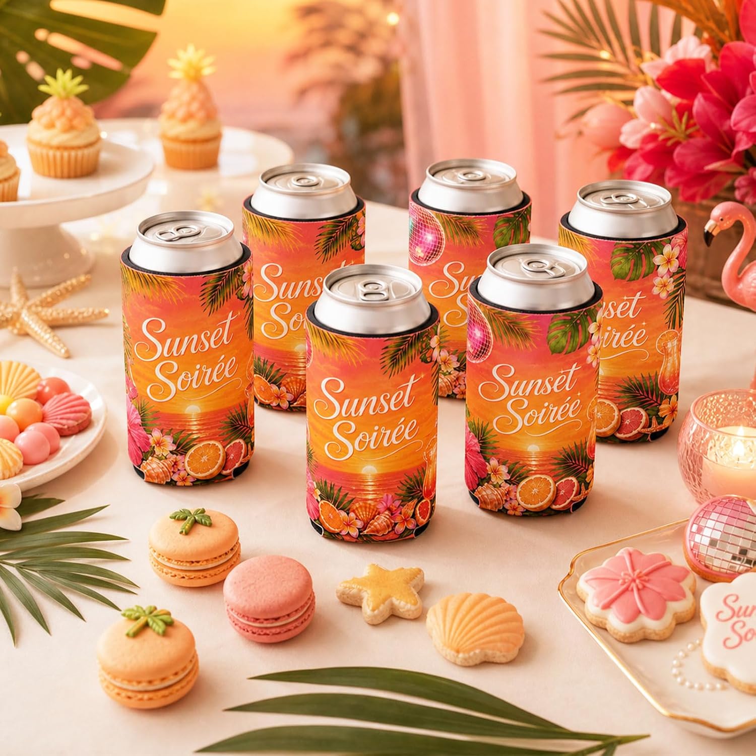 Sunset Soiree Can Cooler Sleeves Tropical Summer Birthday Party Decorations